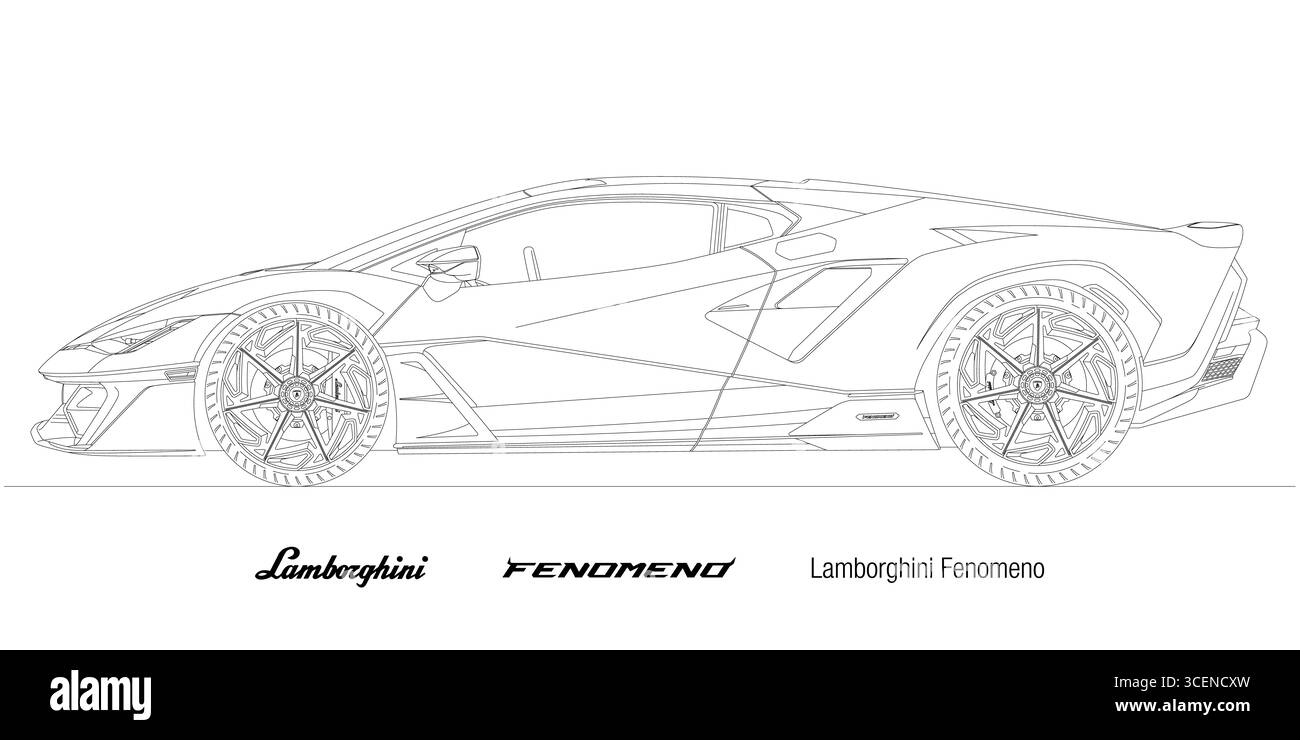 Italie, 15 août 2025, Lamborghini Fenomeno édition spéciale super voiture, dessin silhouette ligne art, illustration sur fond blanc Banque D'Images