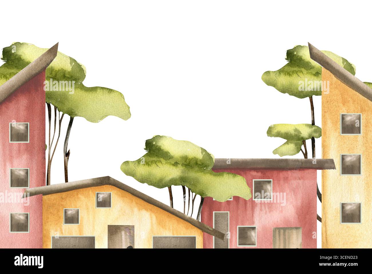 Cottage maisons clipart avec aquarelle minuscule briques jaunes et rouges bâtiment avec illustration de fond d'arbres verts. Vue sur le paysage de la campagne, été Banque D'Images
