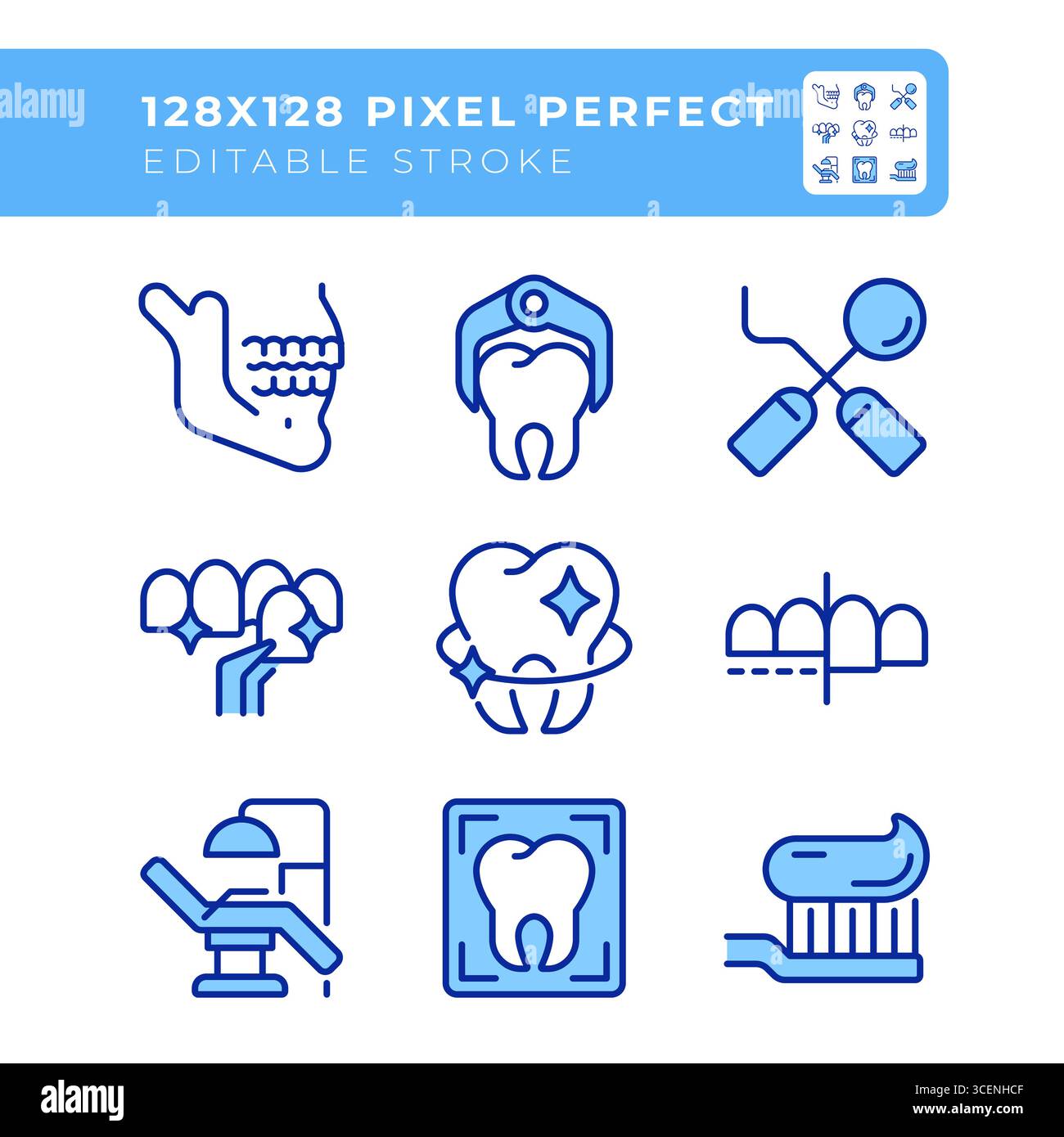 Jeu d'icônes de couleur de ligne parfaite de pixel de service de stomatologie Illustration de Vecteur