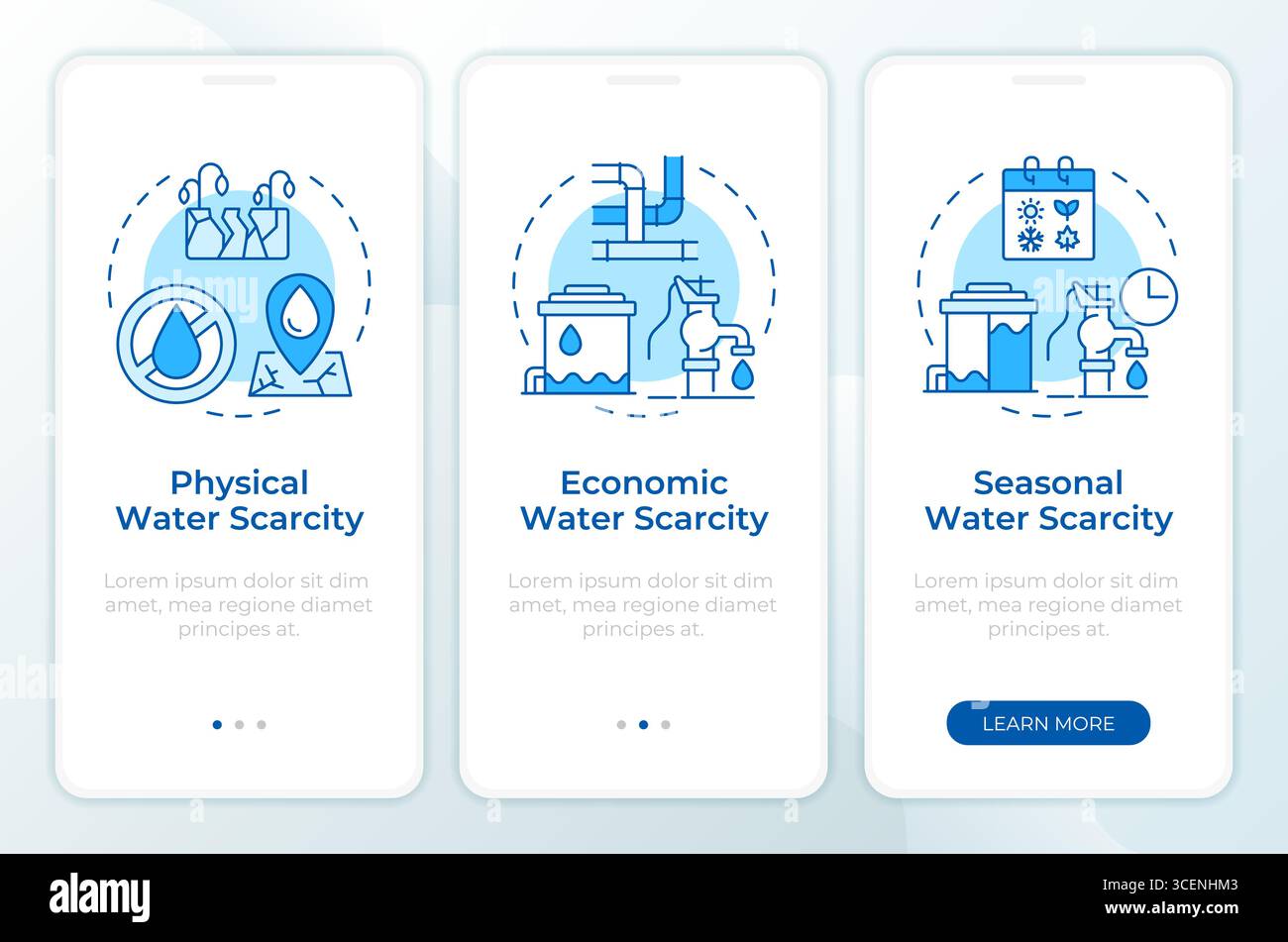 Types de pénurie d'eau bleu écran de l'application mobile Onboarding Illustration de Vecteur
