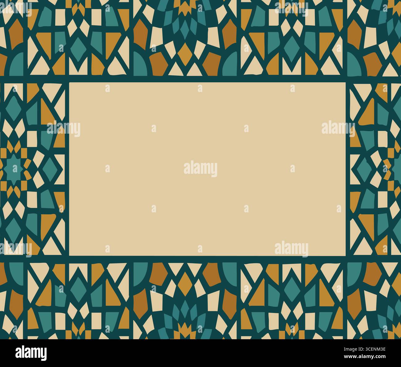 Bordure complexe de carreaux à motifs en bleu et ocre formant une fenêtre autour d'un rectangle vide. Illustration de Vecteur