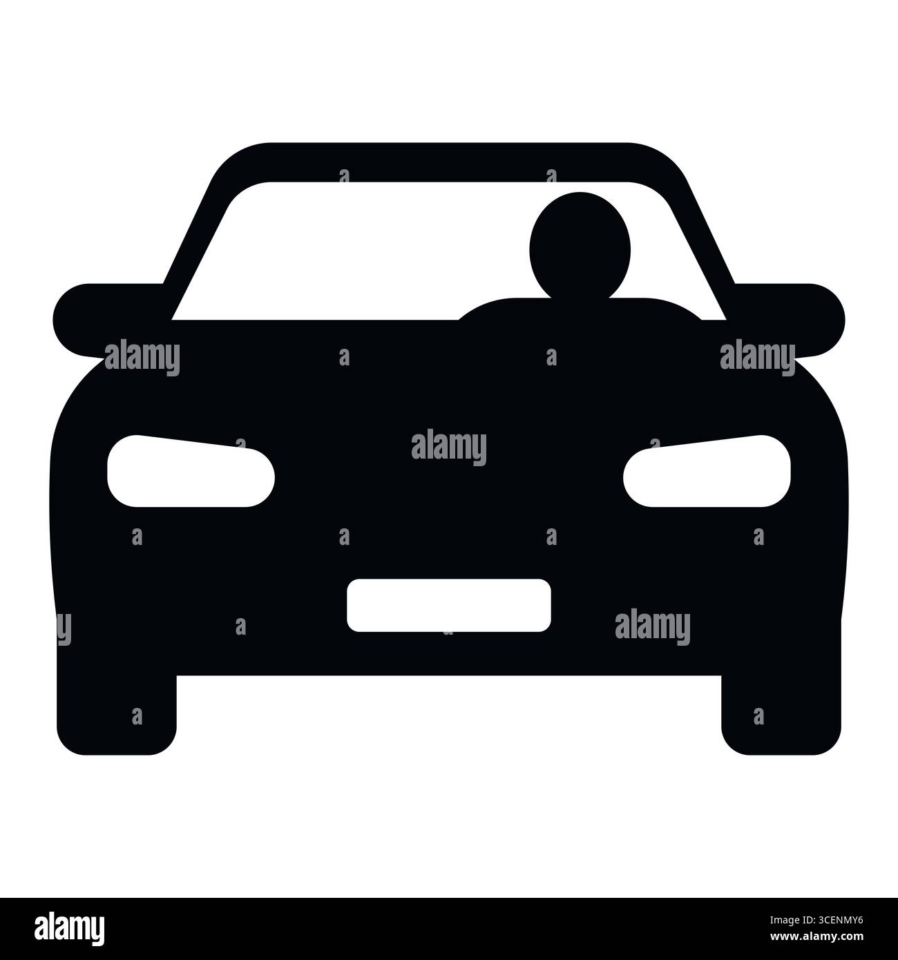 Icône de voiture de vue avant simple avec la figure de conducteur, idéal pour le transport, les applications de conduite, ou les graphiques automobiles, parfait pour le taxi, covoiturage ou modèles de navigation. Pictogramme plat montrant le conducteur dans la vue de face de la voiture, adapté pour le Web, l'interface utilisateur des applications ou les infographies automobiles. Illustration de Vecteur