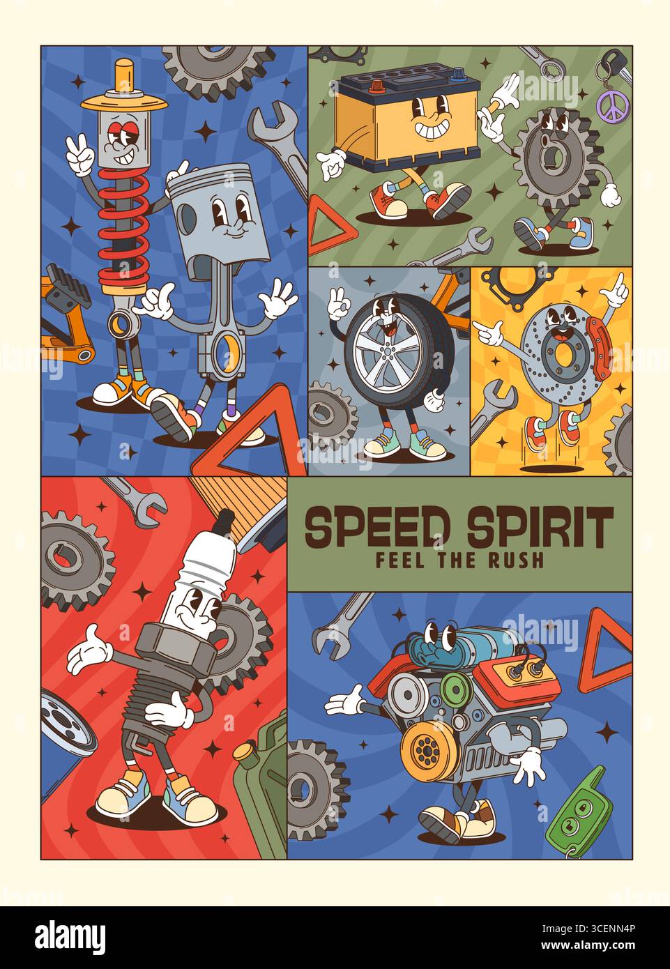 Affiches groovy de personnages de pièces de rechange de voiture de véhicule. Collage automobile vectoriel mettant en vedette des pistons ludiques de dessin animé, des pneus, des batteries ou des bougies d'allumage avec des visages joyeux et des arrière-plans rétro y2k Gear Illustration de Vecteur