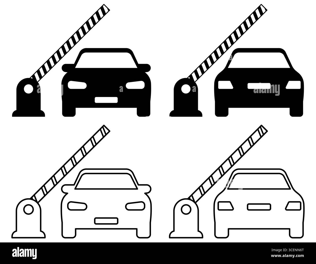 Ensemble d'icônes de voiture vectorielle avec porte de barrière automatique. Inclut des vues avant et arrière en styles Uni et contour. Parfait pour le transport, la sécurité et les conceptions liées au stationnement. Icône de barrière de voiture. Symbole de barrière de stationnement. Commande d'entrée dans un véhicule. Graphique de point de contrôle de sécurité. Illustration de la porte automatique. Illustration de Vecteur