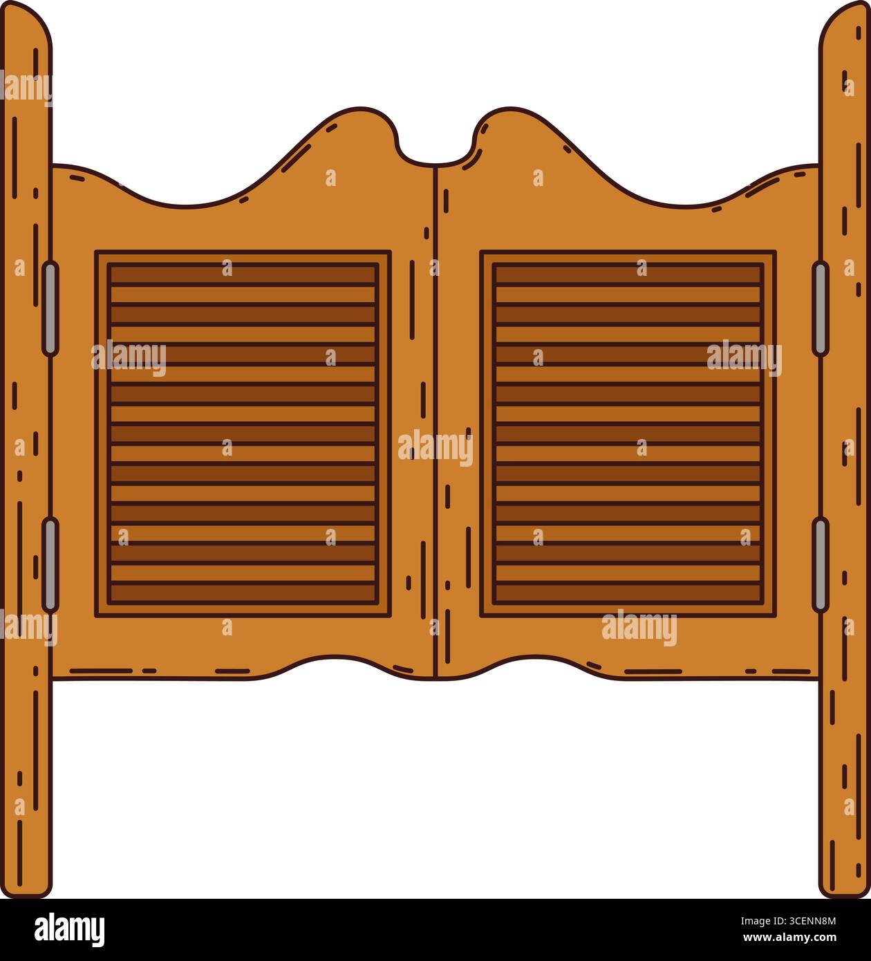 Porte de saloon groovy de l'ouest sauvage, porte battante en bois rétro avec charnières. Vecteur vintage élément frontière pour le bar cowboy ou l'architecture de la vieille ville occidentale. Porte d'entrée ou de sortie fermée isolée Illustration de Vecteur