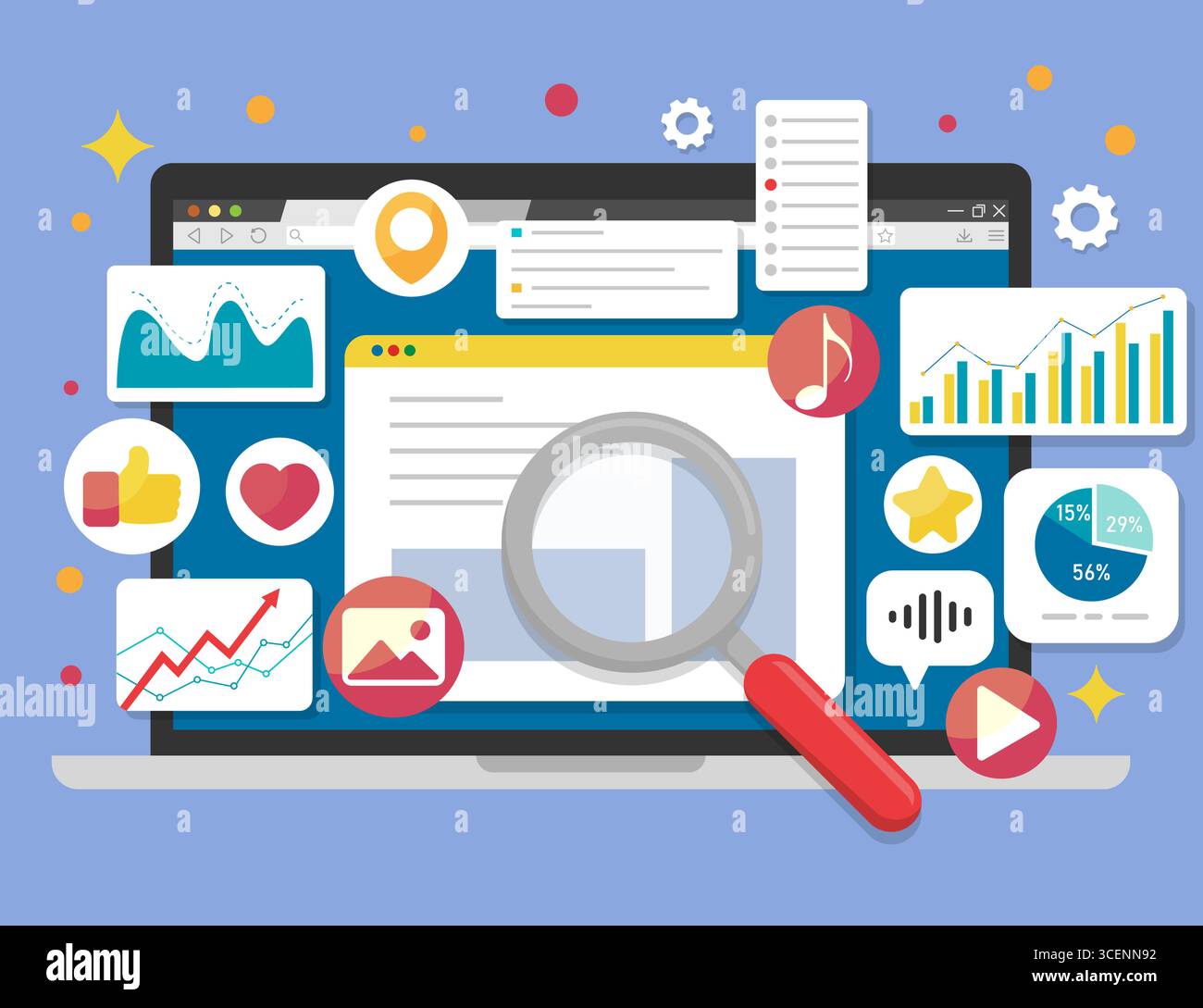 Engagement social créatif et concept de visualisation de données avec loupe et interface utilisateur interactive. Analyse numérique et icônes de contenu multimédia autour de l'interface de l'ordinateur, y compris les graphiques, les likes et la musique. Tableau de bord d'analyse des médias sociaux sur ordinateur portable Illustration de Vecteur