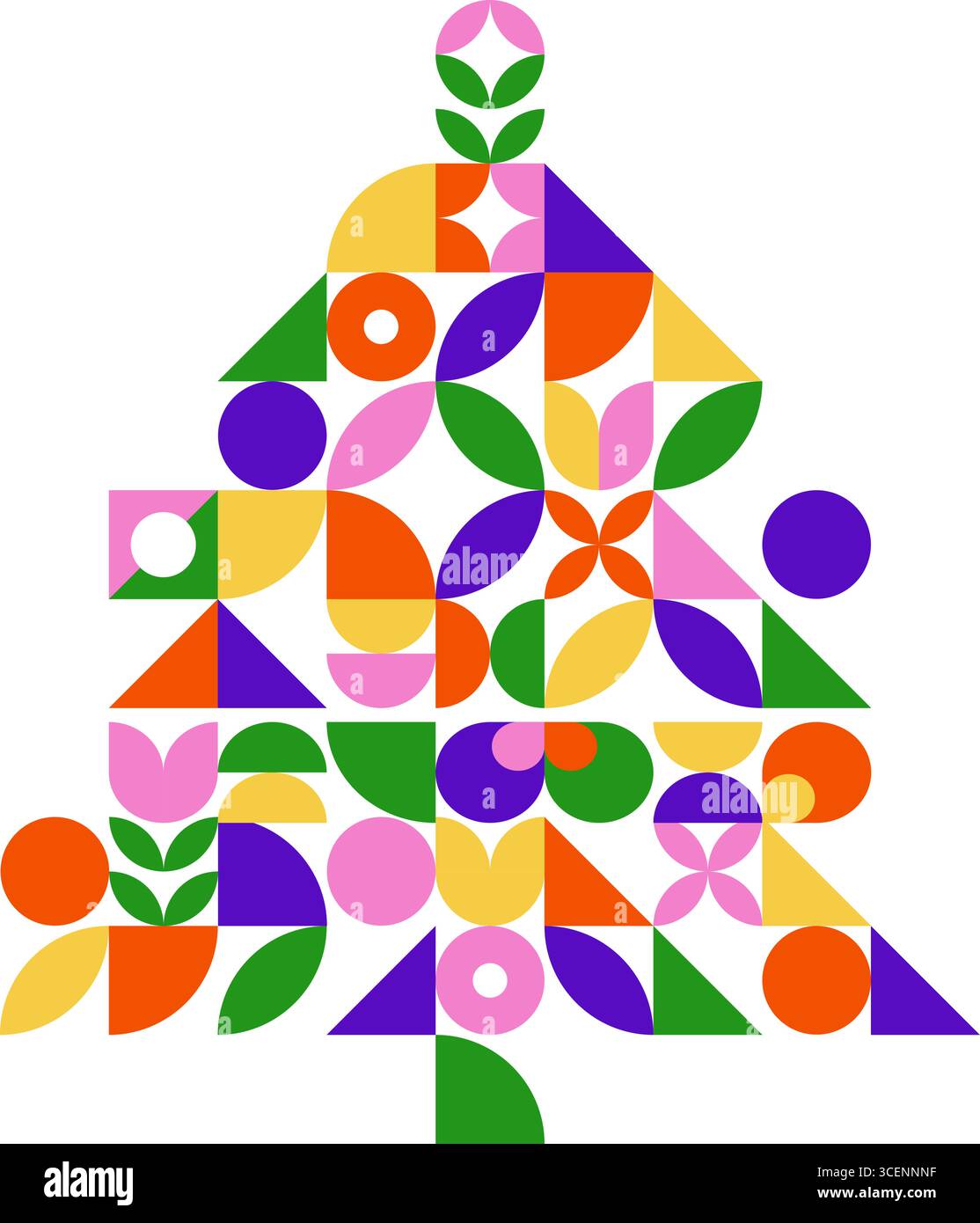 Sapin abstrait géométrique de Noël composé de formes abstraites colorées comme des cercles, des triangles et des feuilles. Épicéa vecteur isolé évoquant l'esprit festif saisonnier des fêtes de Noël et du nouvel an Illustration de Vecteur