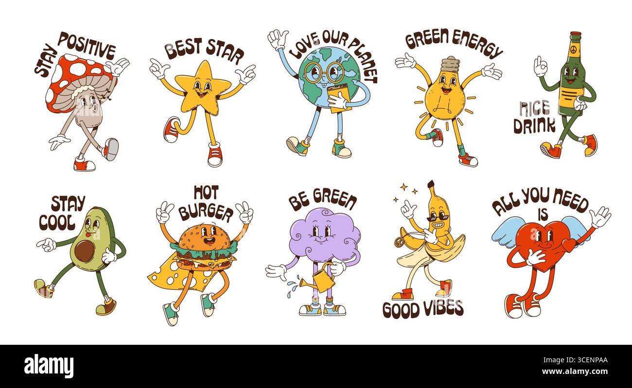 Autocollants rétro y2k groovy avec des personnages mignons de bande dessinée vintage. Vecteur cœur psychédélique, champignon, bouteille de boisson et emojis étoilés. Y2K Groovy hamburger, globe terrestre, ampoule et autocollants banane Illustration de Vecteur