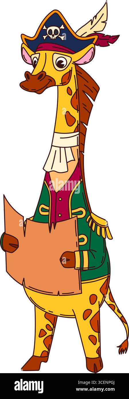 Animal pirate girafe de dessin animé et personnage d'équipage de navire corsaire avec carte au trésor. Le personnage d'animal africain de grand vecteur avec chapeau de capitaine, manteau et pose confiante respire l'ambiance d'aventure navale fantastique Illustration de Vecteur