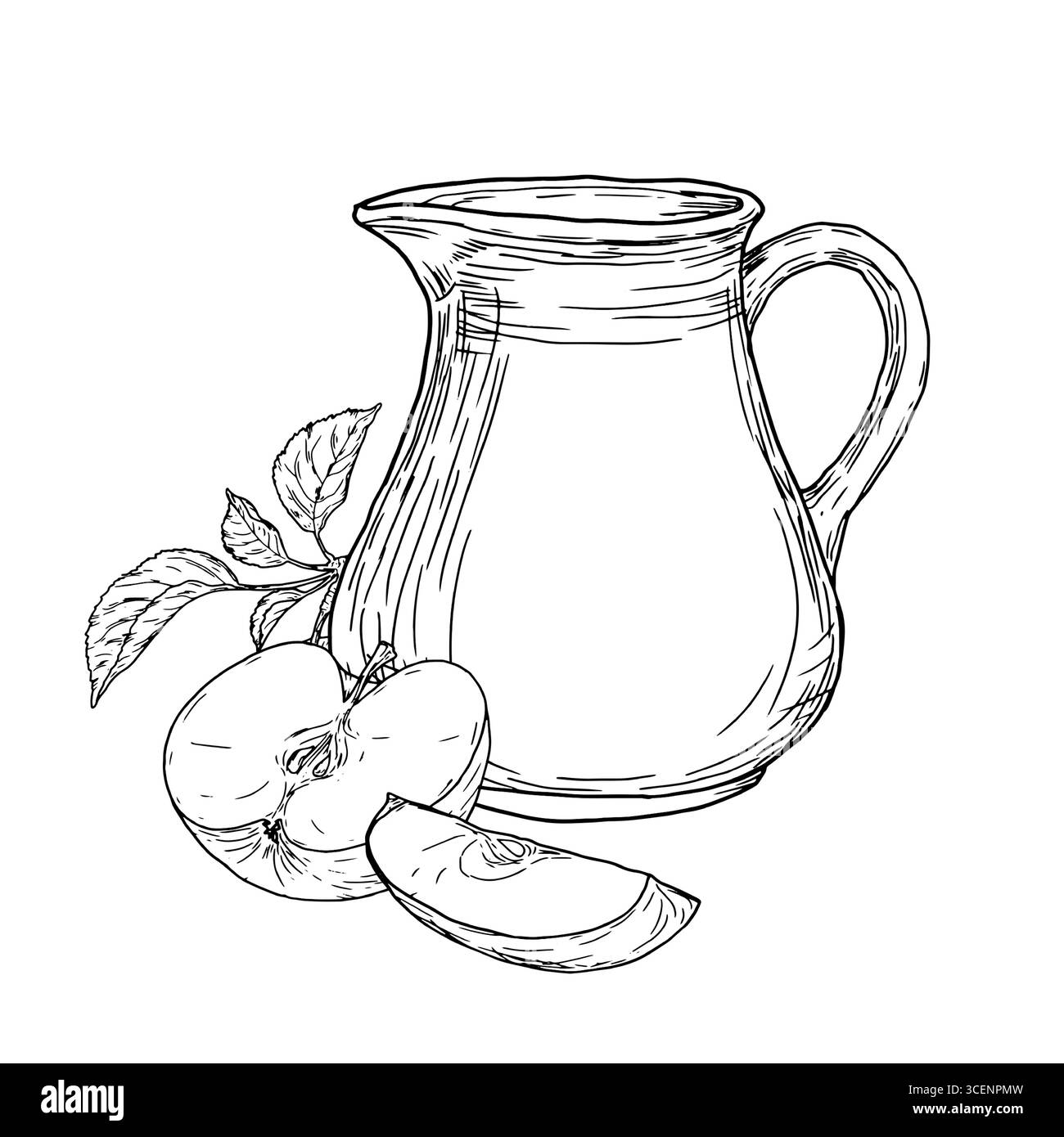 Un pichet de jus de pomme et de pommes mûres, un croquis noir et blanc. Illustration vectorielle. Fruits mûrs tranchés en tranches et boisson saine isolé sur blanc Illustration de Vecteur