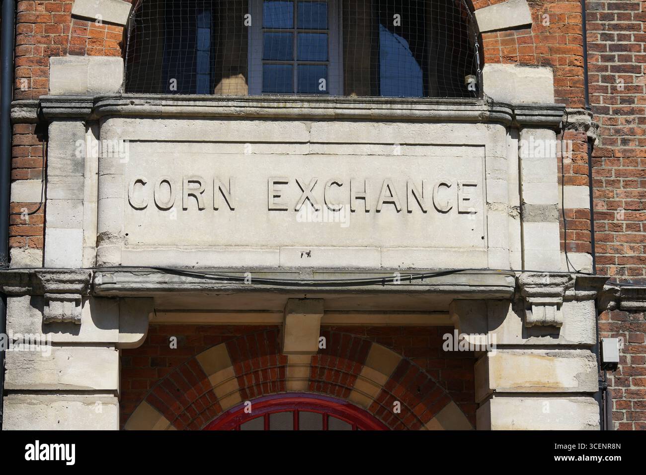 Historique Corn Exchange détail architectural sur une façade de bâtiment urbain classique. Oxford, Angleterre Banque D'Images