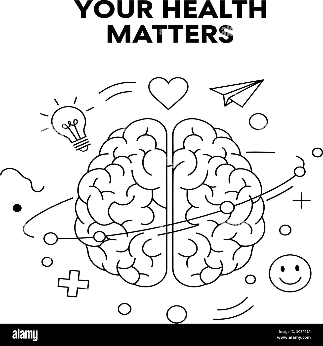 Un design conceptuel dynamique mettant en vedette un cerveau humain entouré d'icônes représentant des idées, des émotions et la santé, telles qu'une ampoule, un cœur, un smiley f Illustration de Vecteur