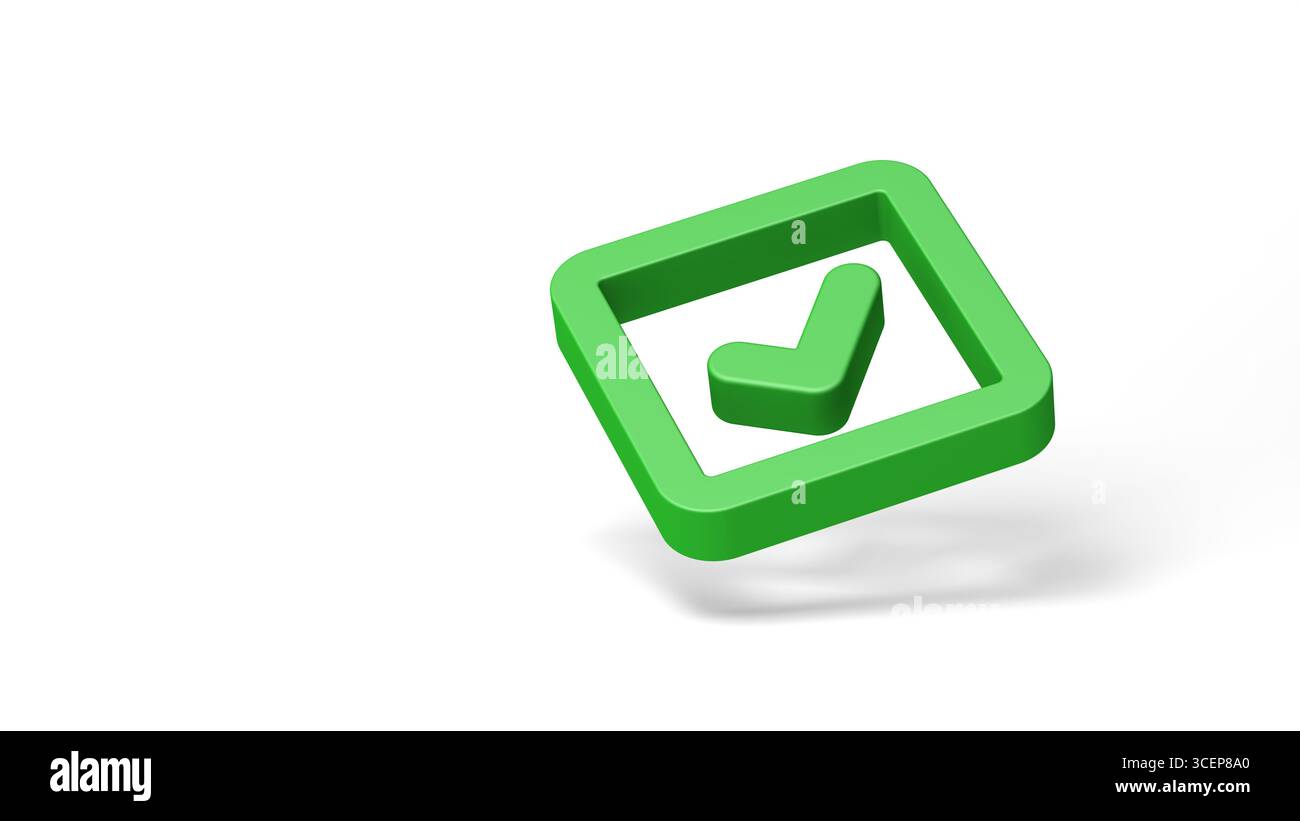 Coche verte isolée sur fond blanc. Symbole de coche. Copier l'espace. illustration 3d. Banque D'Images