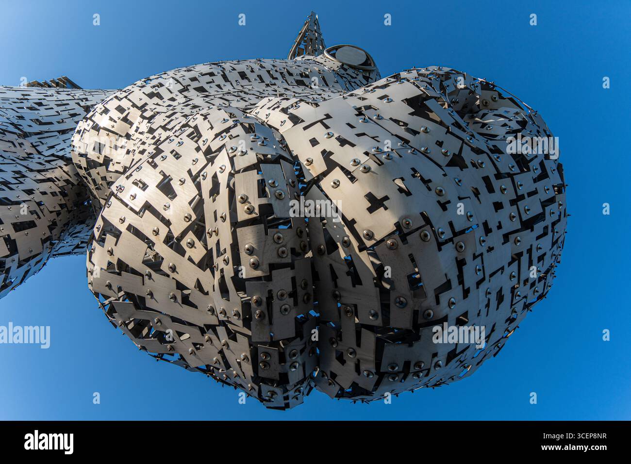 Falkirk, Royaume-Uni - 17 août 2025 : vue sur les Kelpies, sculptures métalliques de tête de cheval, brillant sur le ciel bleu vif, une merveille d'ingénierie et de vision artistique. Banque D'Images