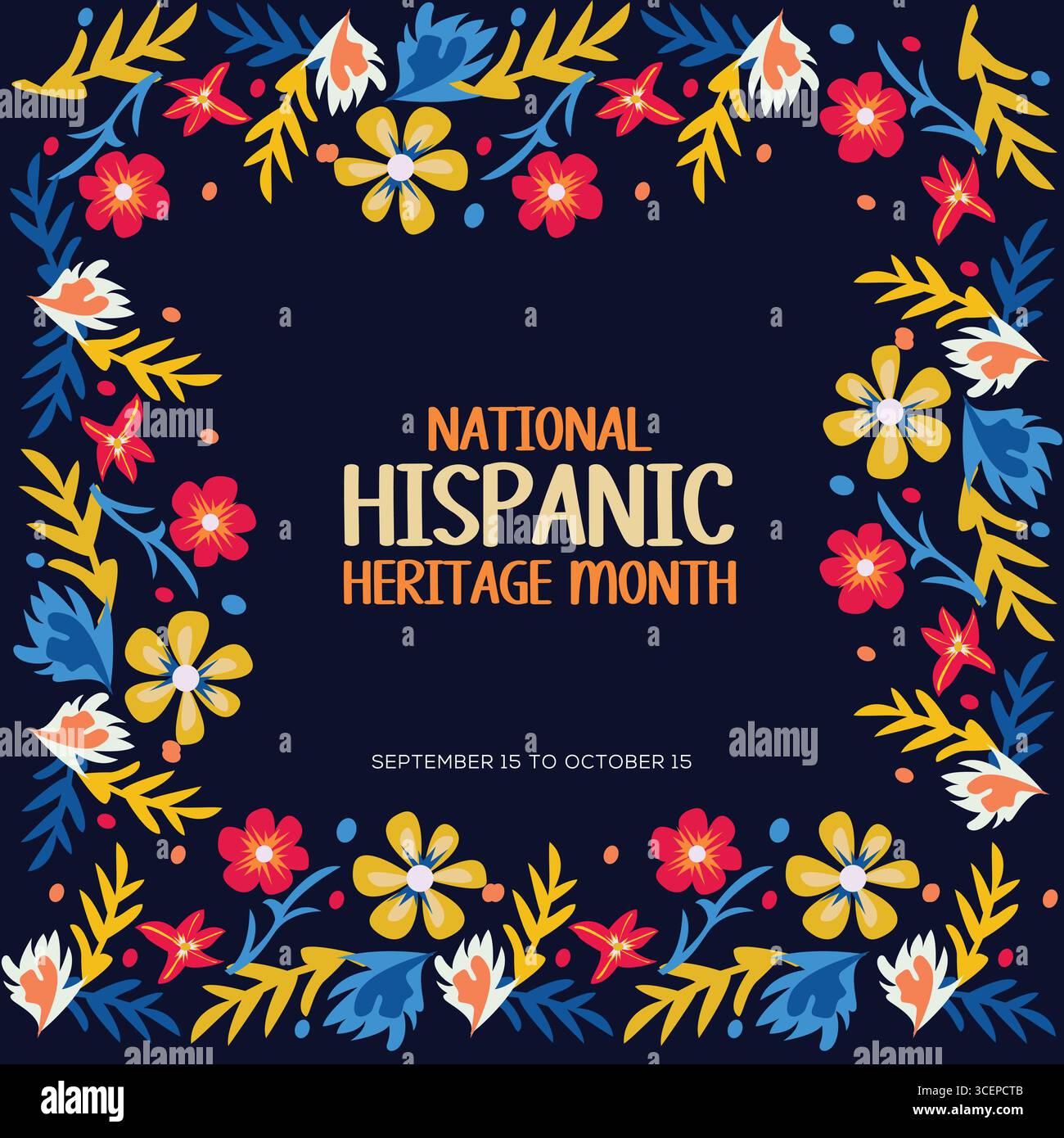 Mois du patrimoine hispanique bannière web vectorielle, affiche, carte pour les médias sociaux, les réseaux. Salutation avec texte du mois du patrimoine hispanique national, fleurs Illustration de Vecteur