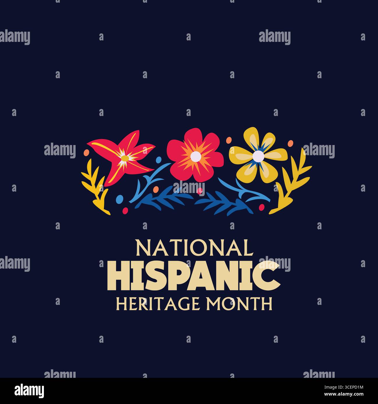 Mois du patrimoine hispanique bannière web vectorielle, affiche, carte pour les médias sociaux, les réseaux. Salutation avec texte du mois du patrimoine hispanique national, fleurs Illustration de Vecteur