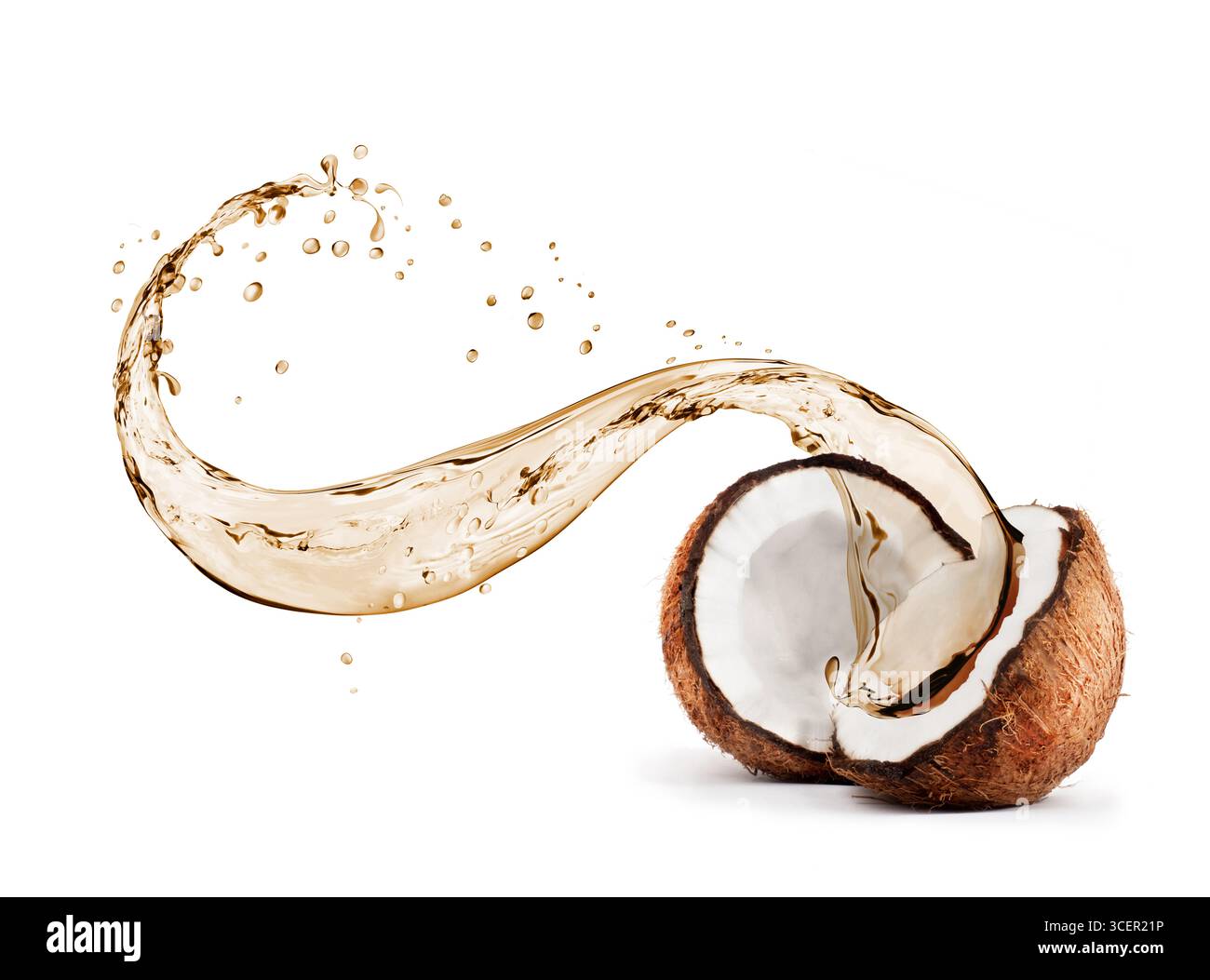 Noix de coco avec des éclaboussures de jus en gros plan, isolé sur fond blanc Banque D'Images