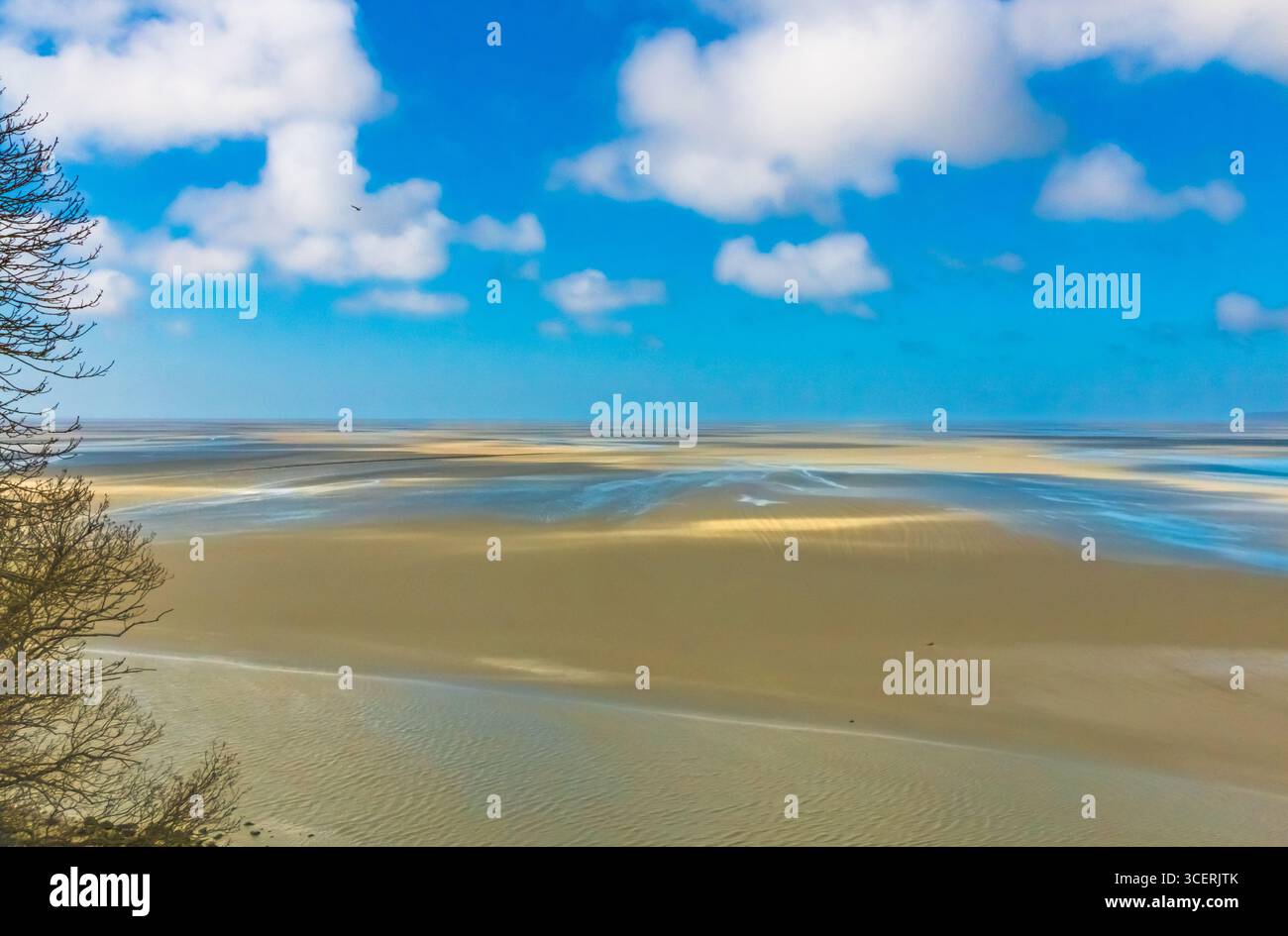 Une belle vue panoramique sur la baie du Mont-Saint-Michel à marée basse, révélant son environnement naturel immaculé vu de l'ancien... Banque D'Images