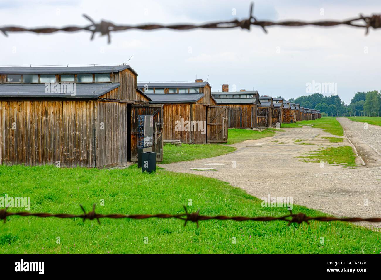 Une longue rangée de casernes en bois survivantes à Auschwitz-Birkenau, se tenant comme témoins silencieux des atrocités commises pendant l'Holocauste. Banque D'Images
