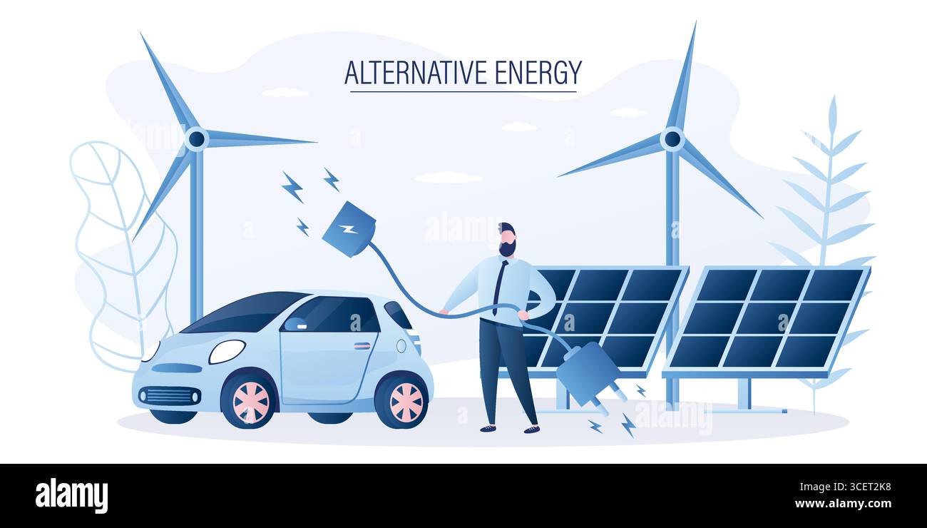 Concept d'énergie alternative. Générateurs d'énergie éolienne et panneaux solaires. Voiture électrique moderne, homme d'affaires tient le cordon de charge. Technologie verte, Eco Vehicle Illustration de Vecteur