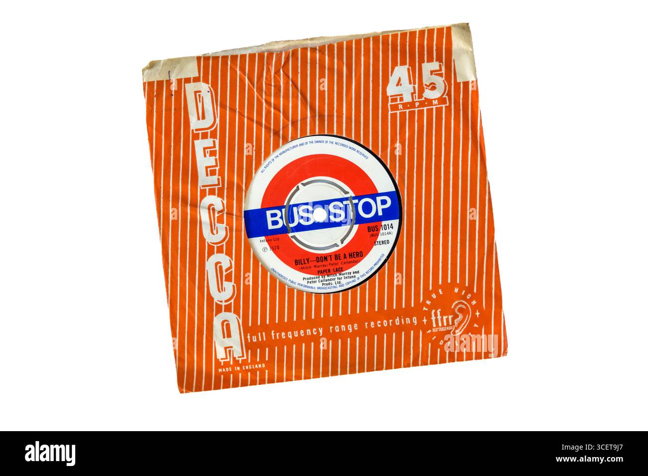 Single 45 tours de Billy - Don't Be A Hero par Paper Lace. Sorti en 1974 sur le label bus Stop. Banque D'Images