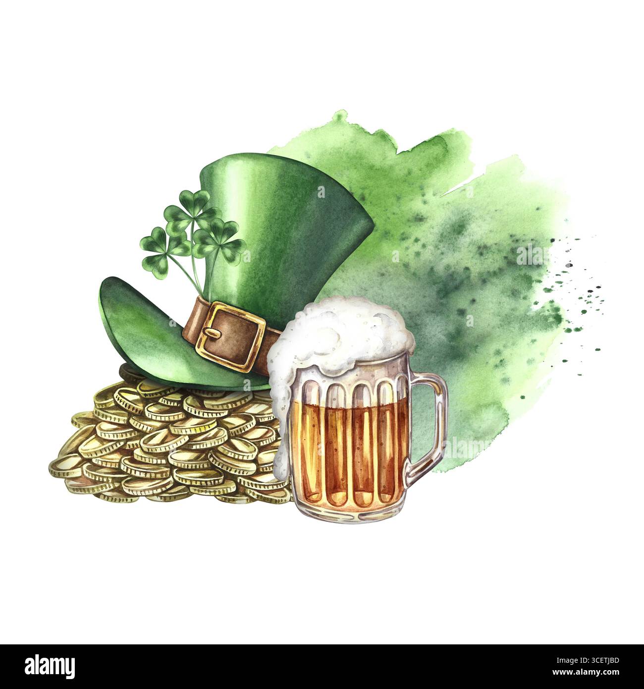 Une pile de pièces d'or sous un chapeau de leprechaun et une tasse de bière. Illustration d'aquarelle dessinée à la main. Création conceptuelle pour la Journée de Patrick Banque D'Images