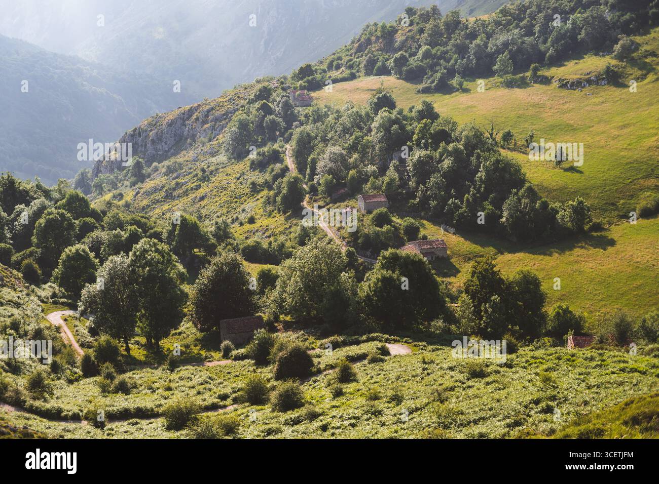 Pittoresque vallée rurale avec des chalets en pierre dispersés et des toits de tuiles rouges cachés parmi les arbres verts et les prairies, des chemins de terre sinueux menant à travers le Banque D'Images