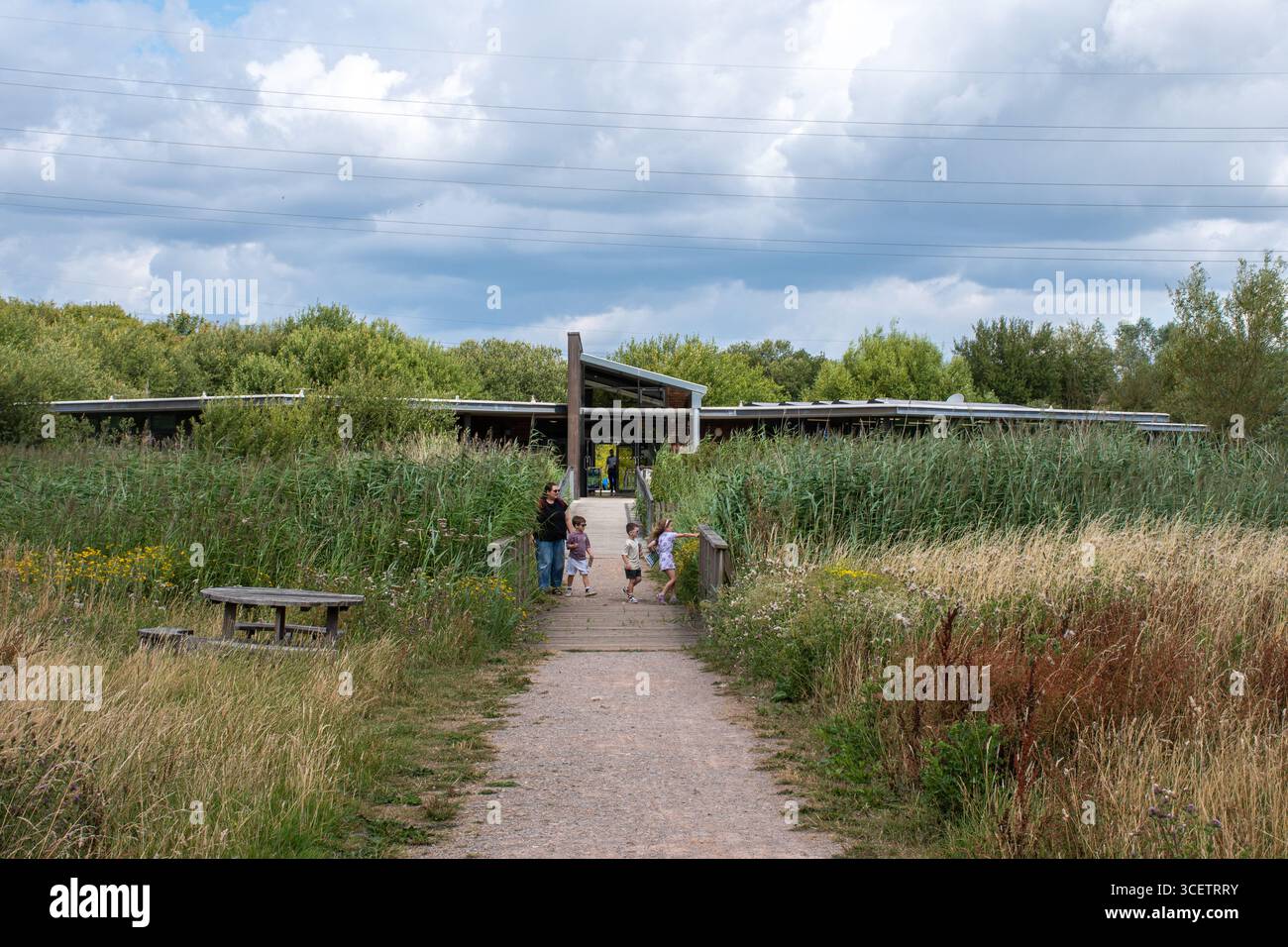Vue sur le centre d'accueil de la réserve naturelle RSPB Newport Wetlands dans le sud du pays de Galles, Royaume-Uni, pendant l'été Banque D'Images