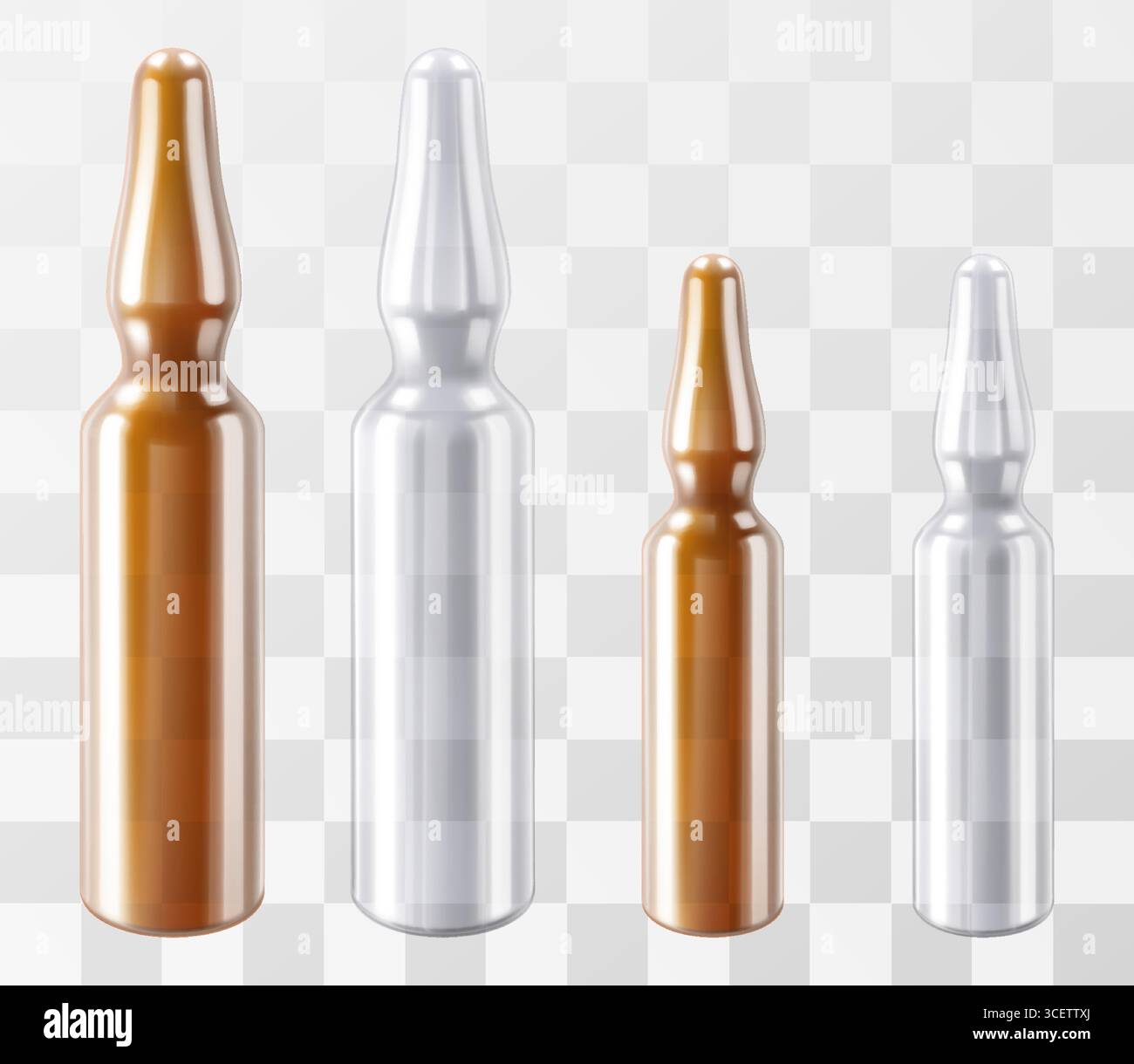 Ensemble d'ampoules médicales en verre, ampoule brune et transparente. Emballage de vaccin, anticorps anti-virus, emballage de récipient pharmaceutique. vecteur 3d réaliste Illustration de Vecteur
