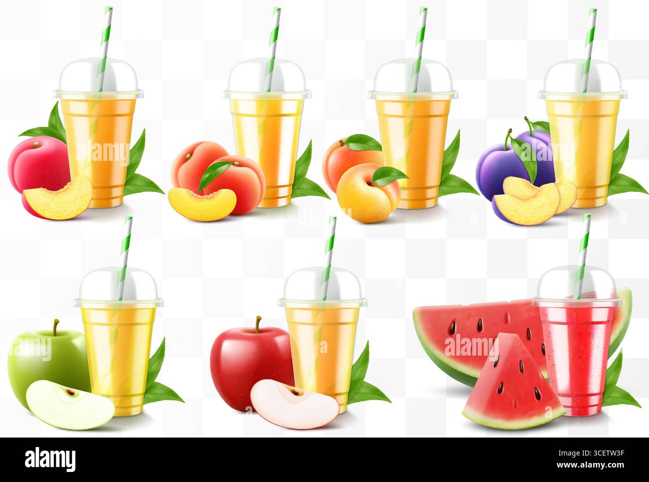 Ensemble de gobelets en plastique transparent avec jus ou smoothie. Tasse avec capuchon sphérique pour milkshake, limonade. Shake biologique fruité avec différents fruits exotiques. Illustration de Vecteur
