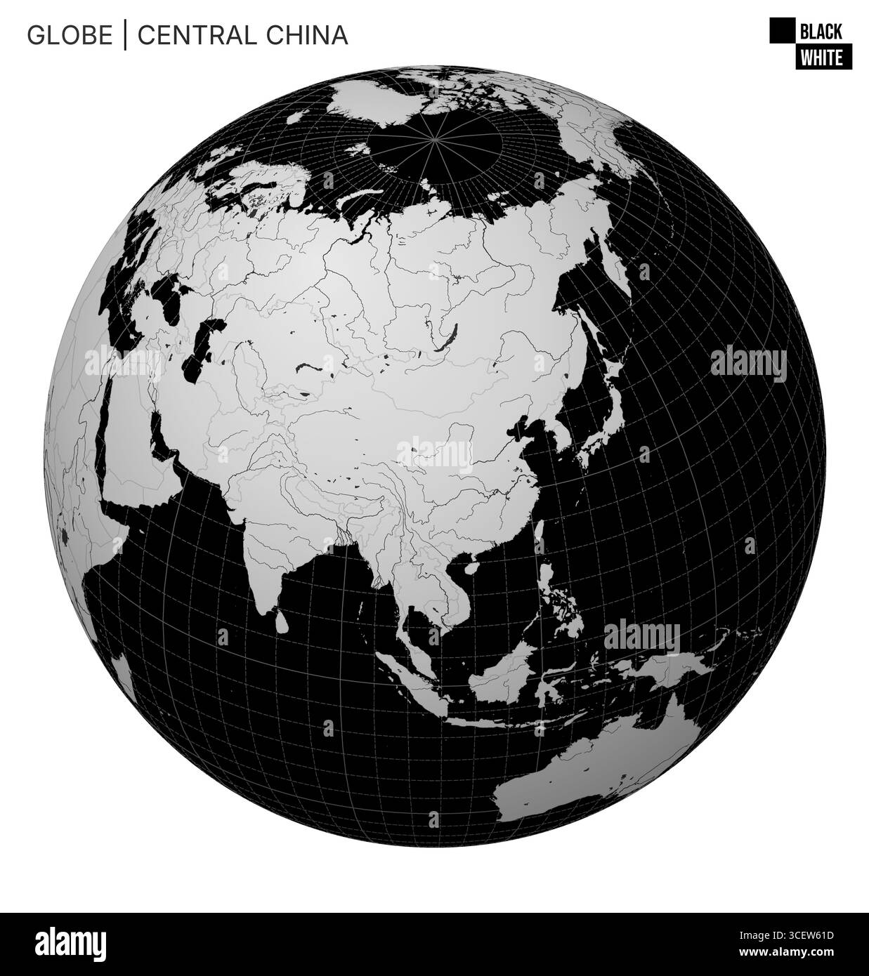 Vecteur Globe centré sur la Chine centrale. Palette noir et blanc. Carte du monde avec méridiens, parallèles, pays, rivières et lacs. Illustration de Vecteur