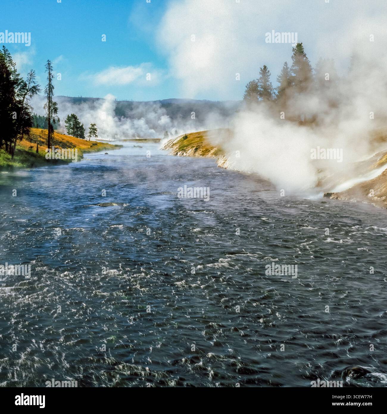 sources chaudes qui se jettent dans la rivière firehole dans le parc national de yellowstone, wyoming Banque D'Images