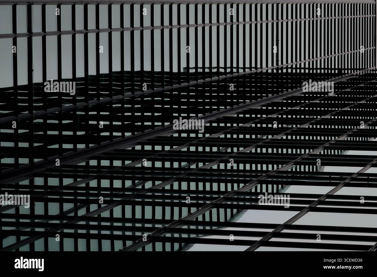 Vue diagonale d'une façade de bureau en verre avec des lignes de grille répétitives et des meneaux reflétant le ciel à Amsterdam, pays-Bas, créant un motif graphique. Banque D'Images