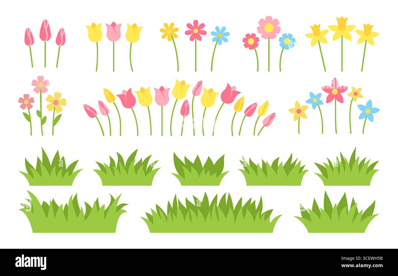 Fleurs séparées et herbe verte floraison printanière vue de face. Camomille de jonquille de marguerite tulipe, bourgeons avec des tiges, illustration colorée minimale plate de dessin animé. Palette douce, mélange végétal décoratif Illustration de Vecteur