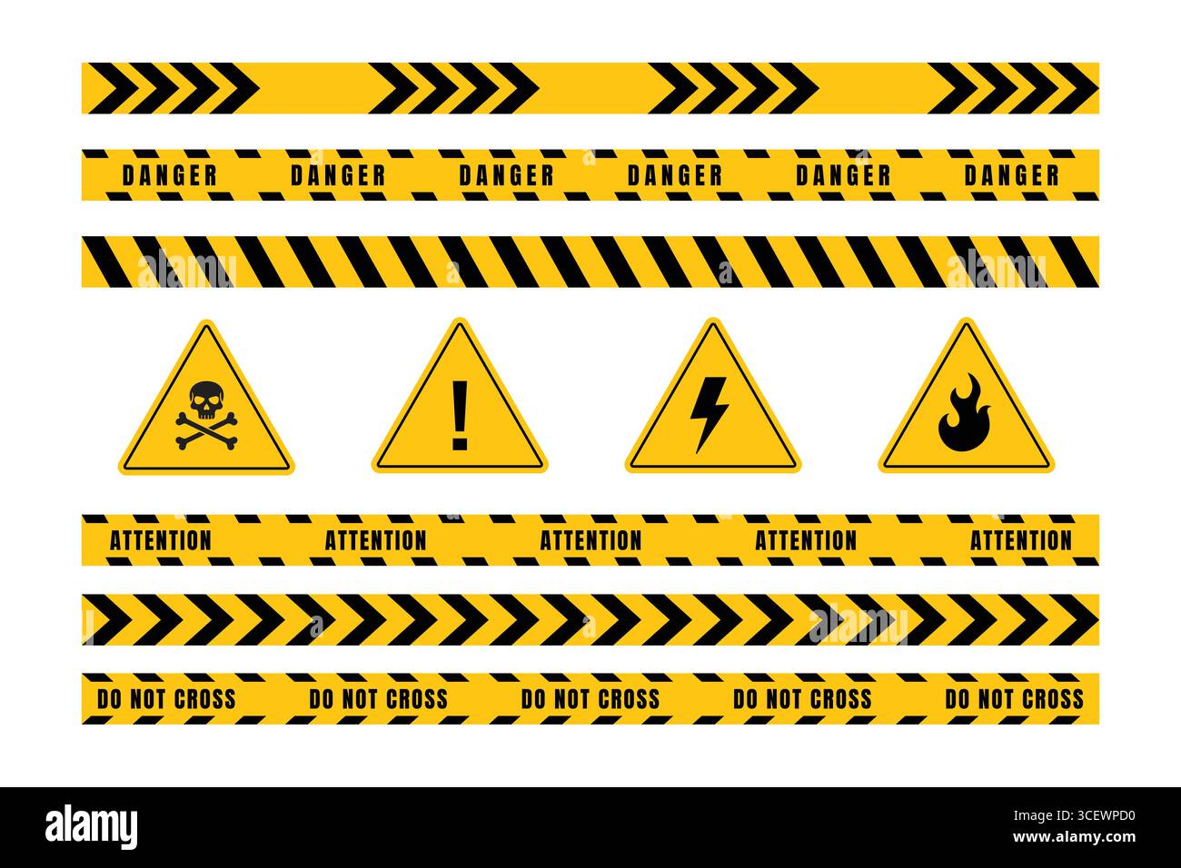 Collection de panneaux d'avertissement jaunes et noirs et des ensembles de rubans. Illustration de Vecteur