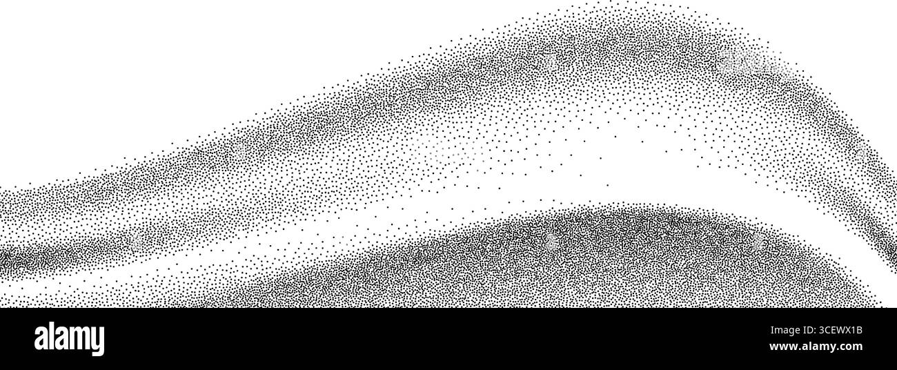 Texture d'onde de grain de gradient. Fond de ligne courbe pointillée noire. Fond d'écran grunge à points de bruit pour bannière, affiche, brochure. Toile de fond de sable ondulé avec des taches, des particules, des granules. Vecteur Illustration de Vecteur