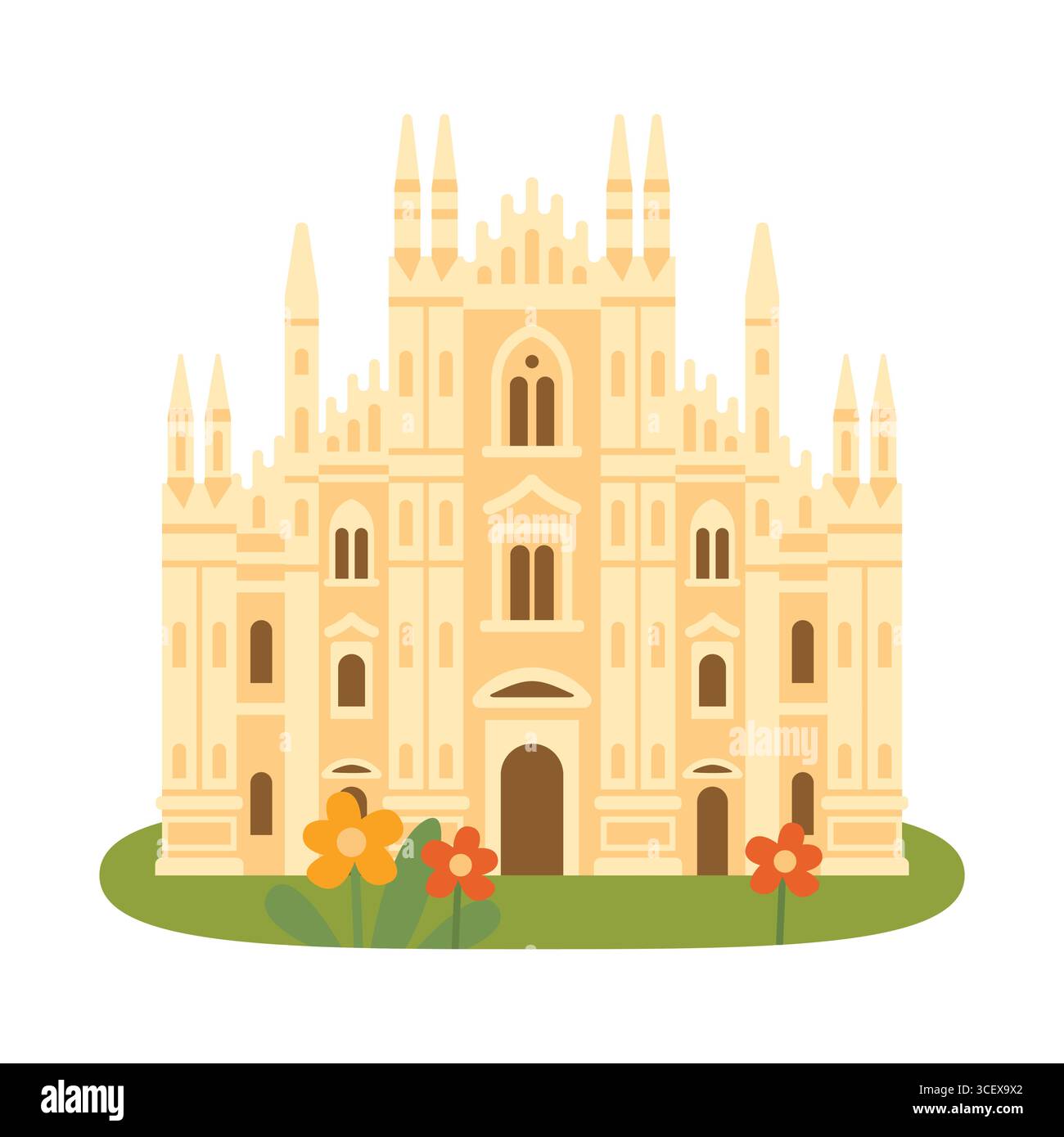 Cathédrale de Milan. Célèbre monument italien à l'architecture gothique, façade décorée et tours, isolé sur fond blanc avec des fleurs. Vecteur plat Illustration de Vecteur