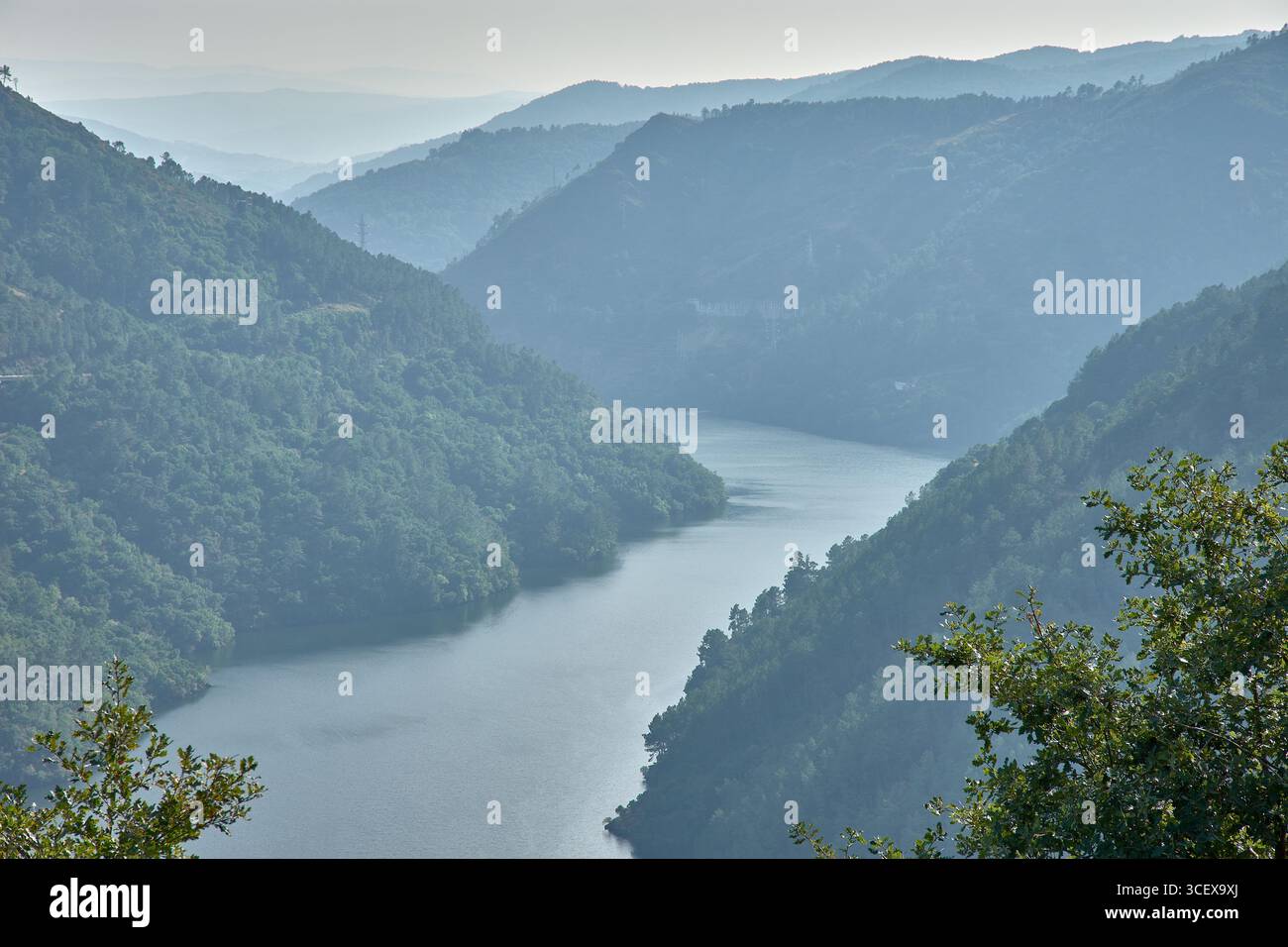 Depuis le point de vue de Pesqueiras, les canyons de Sil s'ouvrent entre des montagnes verdoyantes et une rivière qui coule calmement, enveloppée par la fumée des feux Banque D'Images