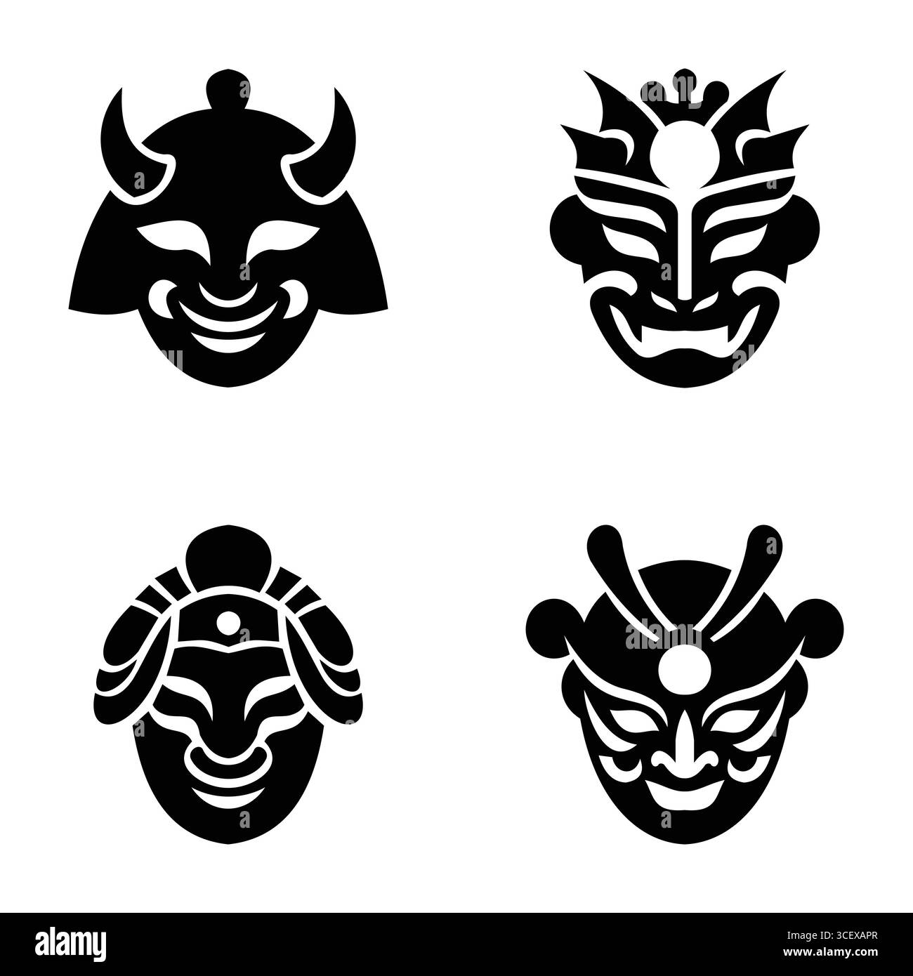 Masque japonais Silhouette Vector Set en blanc et noir sur fond blanc Illustration de Vecteur