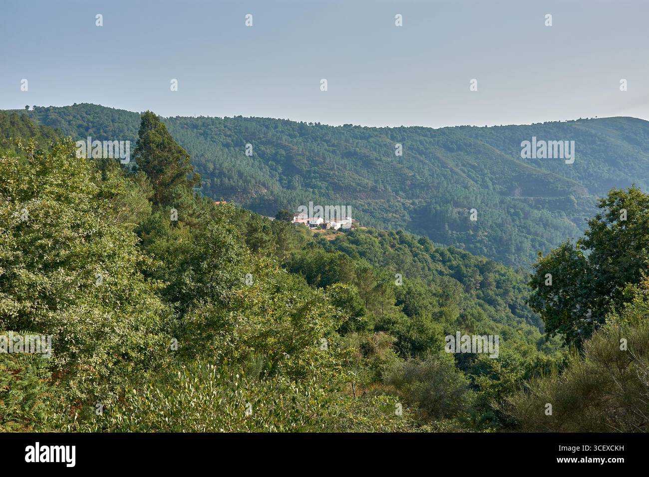 Un petit village galicien perché sur une colline entourée de montagnes couvertes d'une végétation luxuriante, ses maisons blanches et ses toits rougeâtres se détachent. Banque D'Images