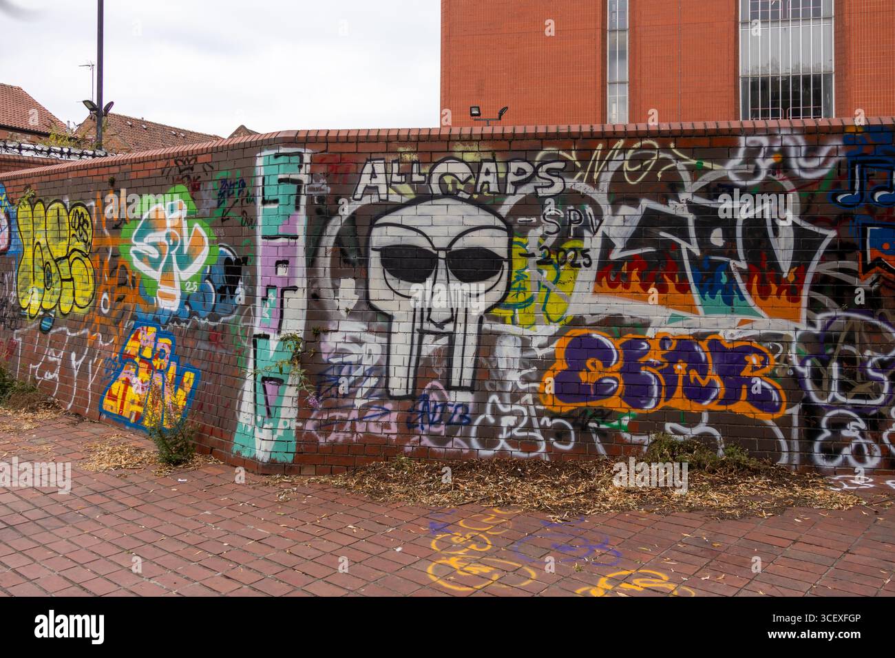 Graffiti urbain sur un mur de briques avec un grand design Street art de style crâne avec des couleurs vives, des étiquettes et des couches de peinture en aérosol Banque D'Images