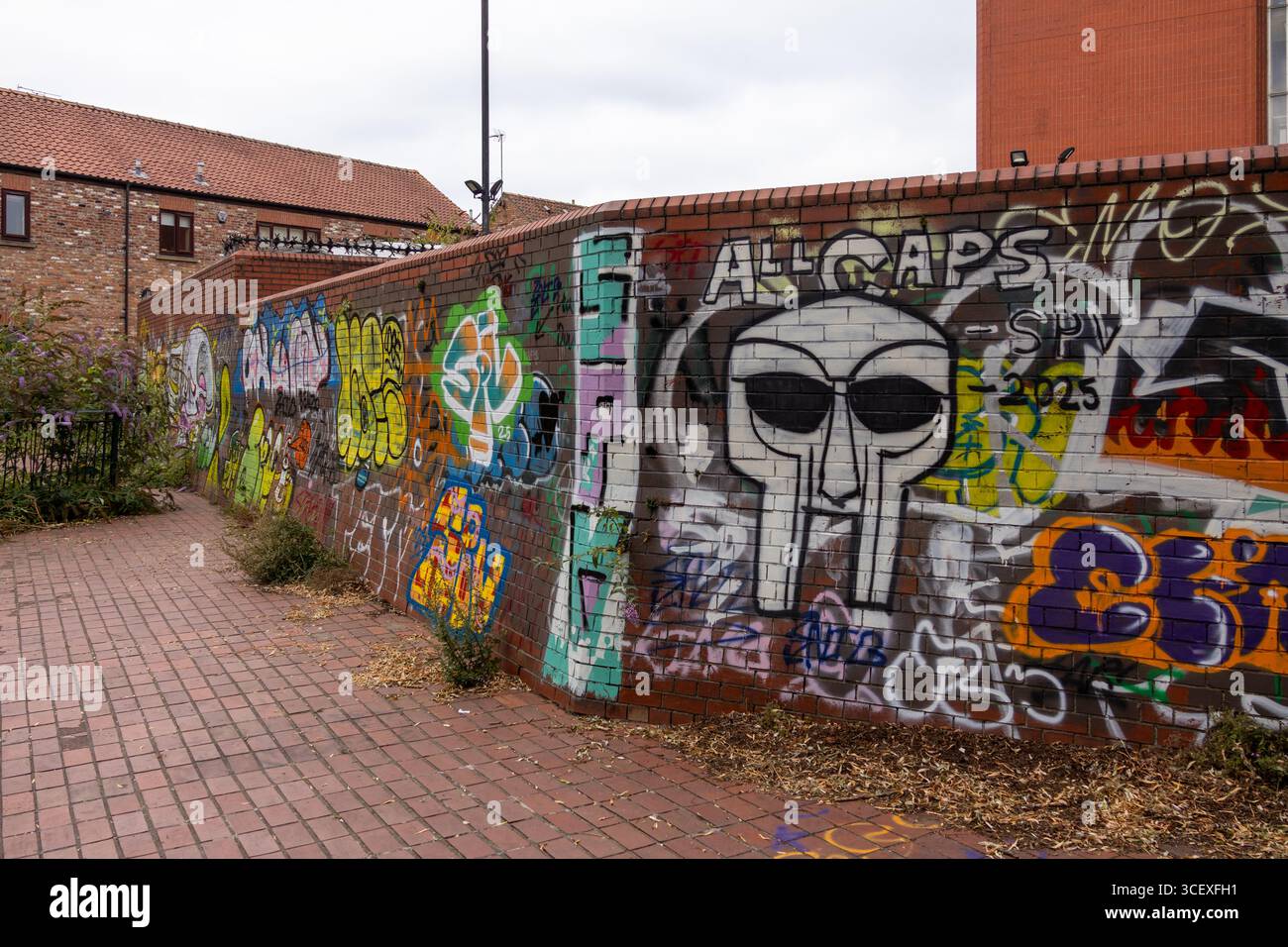 Graffiti urbain sur un mur de briques avec un grand design Street art de style crâne avec des couleurs vives, des étiquettes et des couches de peinture en aérosol Banque D'Images