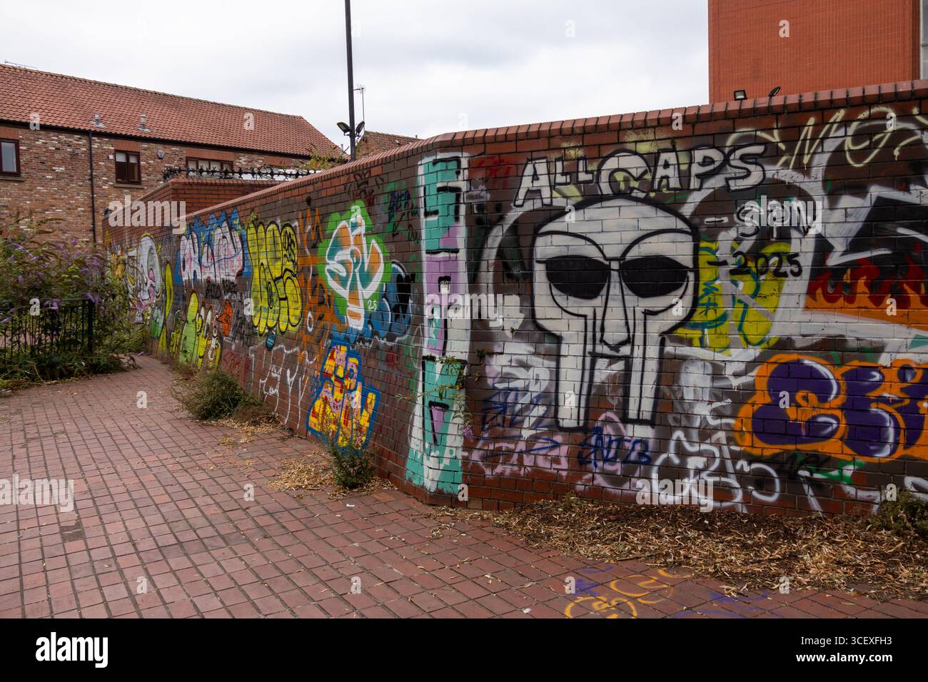 Graffiti urbain sur un mur de briques avec un grand design Street art de style crâne avec des couleurs vives, des étiquettes et des couches de peinture en aérosol Banque D'Images