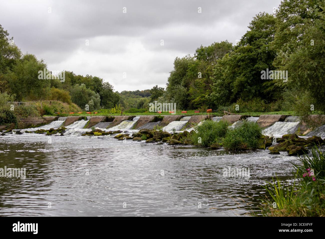 Large vue sur un déversoir de rivière avec de l'eau en cascade, des rochers et une végétation luxuriante entourant les berges de la rivière Banque D'Images