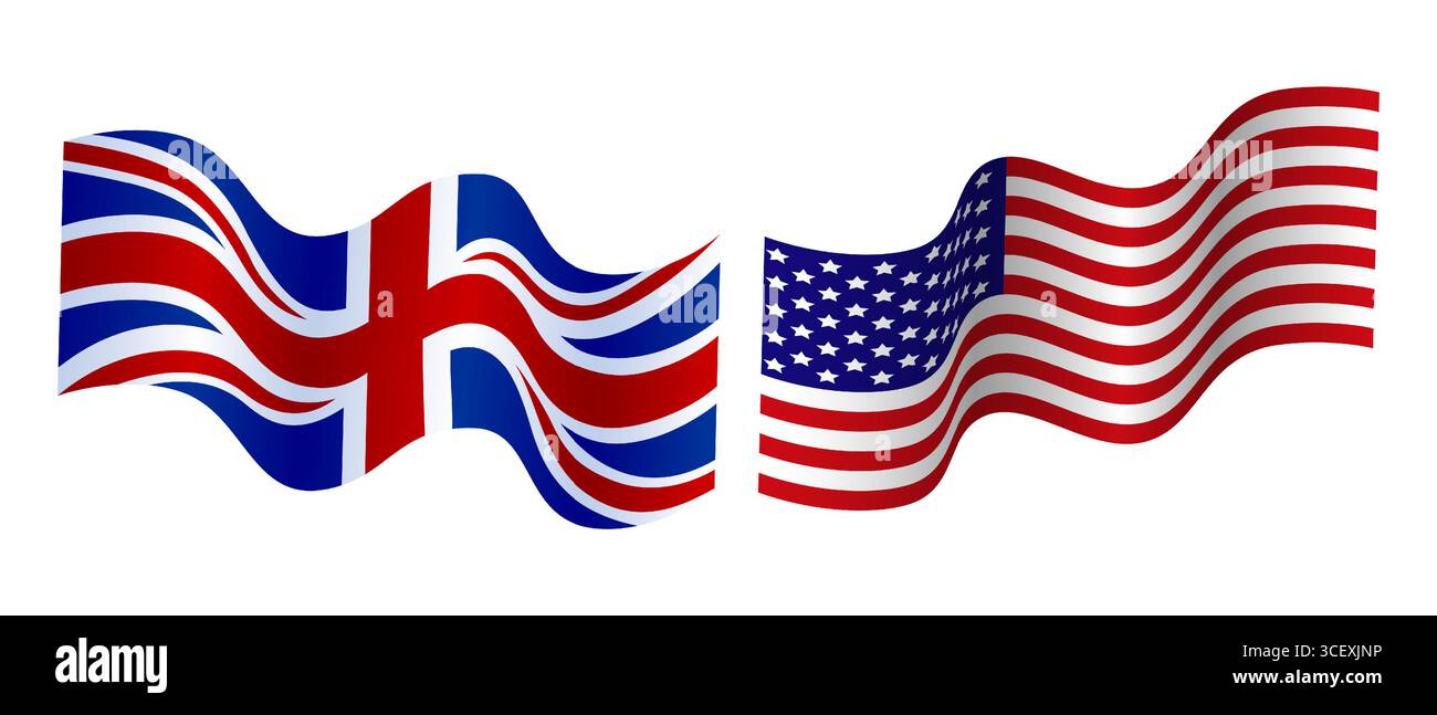 Agitant les drapeaux du Royaume-Uni et des États-Unis isolé sur fond blanc. Conception du concept de relations internationales. Illustration patriotique vectorielle de Illustration de Vecteur