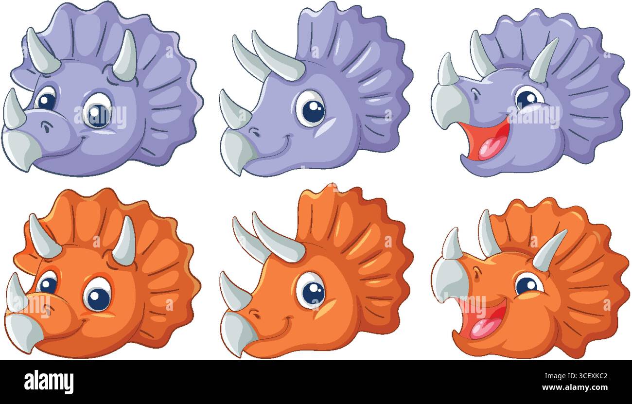Illustration vectorielle de six têtes de dessin animé triceratops en violet et orange, chacune affichant différentes expressions faciales et un style ludique et convivial Illustration de Vecteur