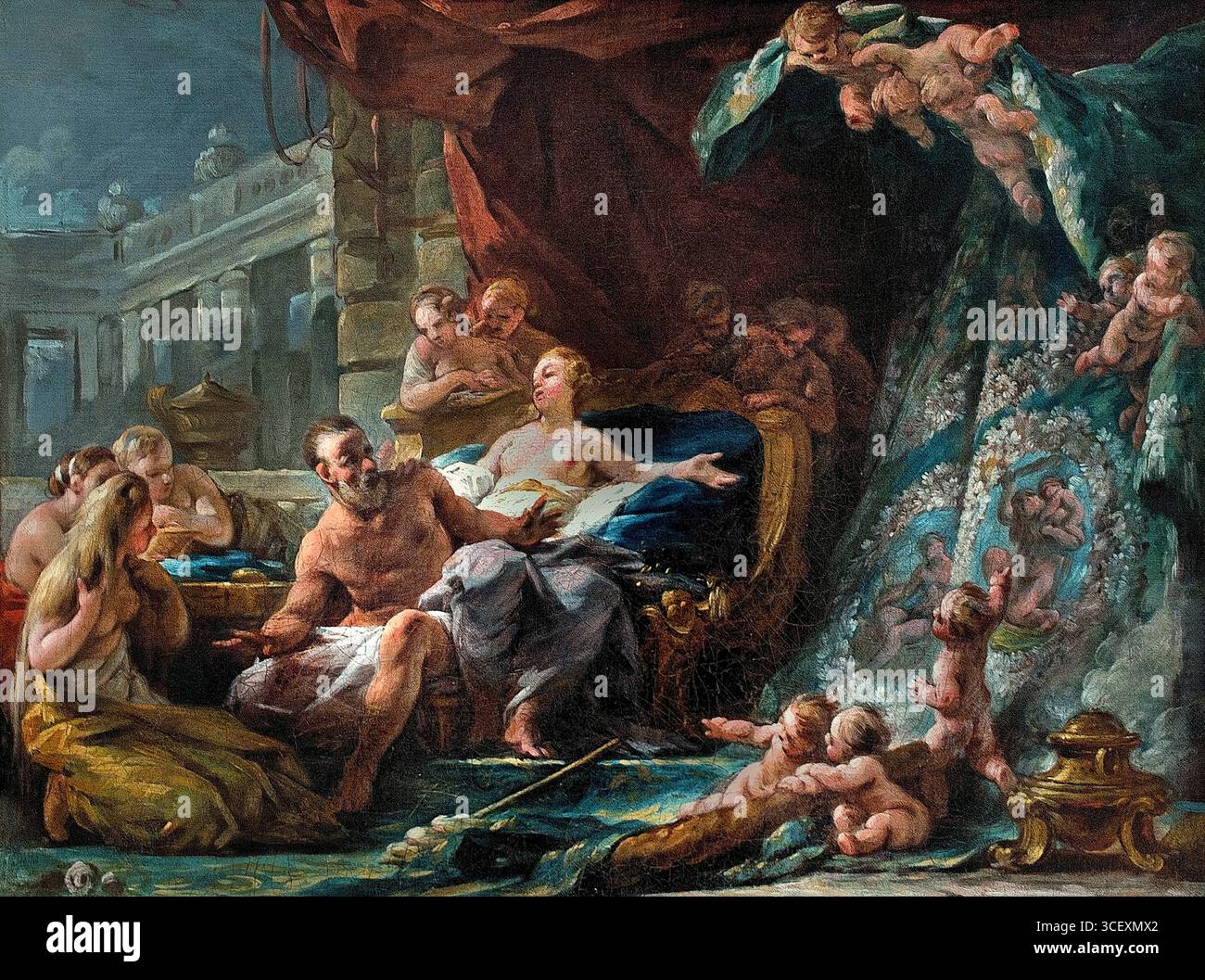 Histoire d'Hercule et d'Omphale ( Grèce grecque ) par Noel Halle 1711-1781 France Lille Museum France French ( le mythe d'Hercule et d'Omphale raconte la servitude du héros envers la reine lydienne comme punition pour un crime, au cours duquel les rôles sont inversés, et Hercule est représenté exécutant des tâches féminines tandis qu'Omphale porte sa peau de lion et manipule son club. Ce mythe populaire a permis aux artistes d'explorer les thèmes des rôles de genre et de la dynamique du pouvoir, souvent représentés avec Omphale dans une position de domination et Hercule dans un état d'humiliation ou de servitude . Banque D'Images