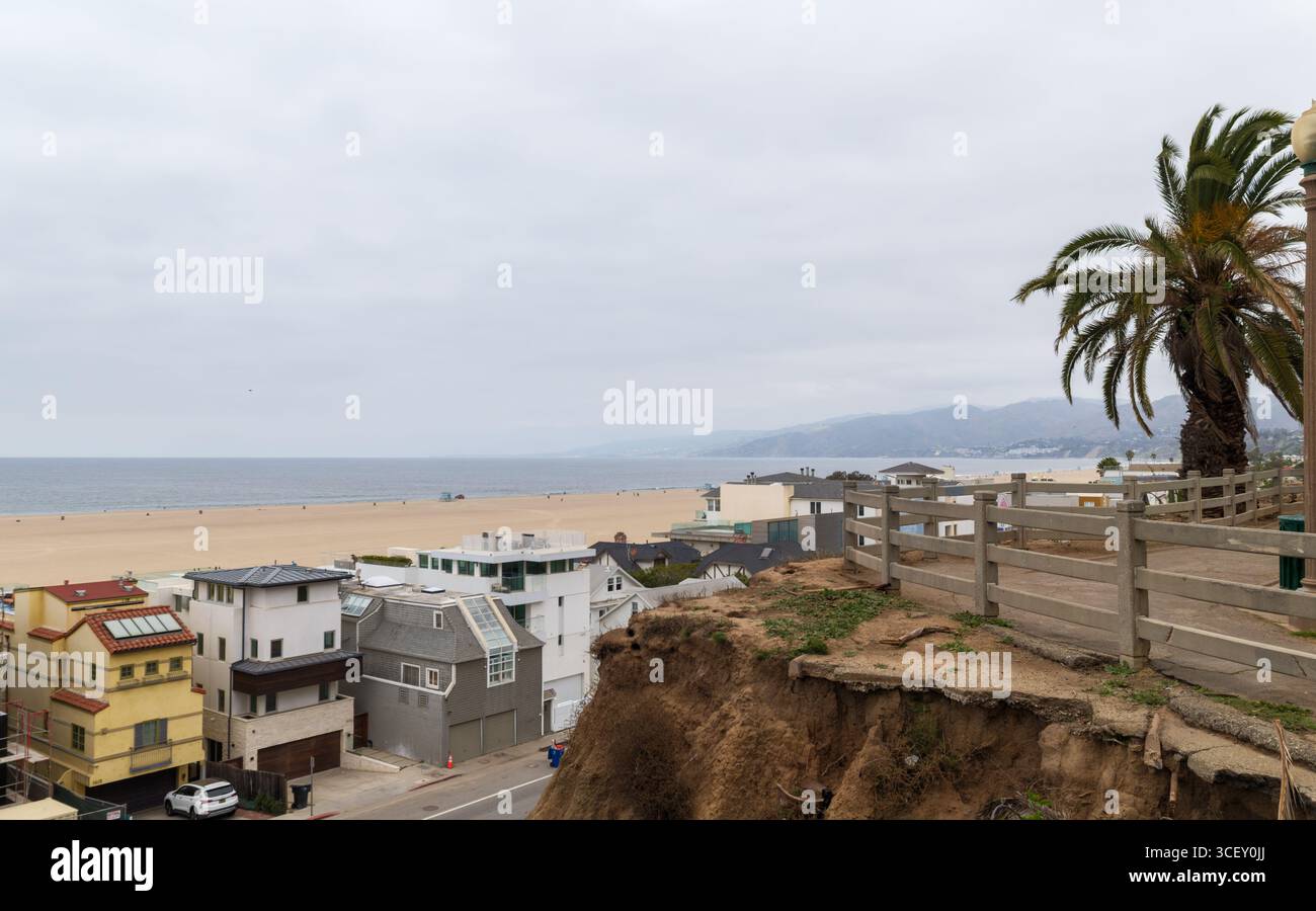 Vue sur la plage de sable rencontre l'horizon de l'océan, maisons groupées près de la rive, et un palmier se dresse haut à Santa Monica, Californie, États-Unis. Banque D'Images