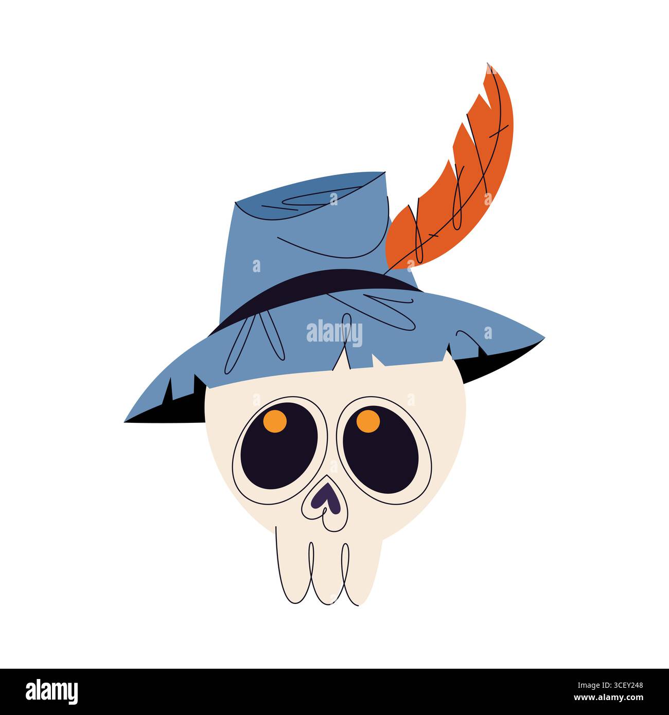 Cabane d'usure de crâne de vecteur. Tête de squelette morte avec couvre-chef. Pirate ou mort, symbole gothique. Élément effrayant ou gothique pour la fête d'Halloween. Icône de faucheuse sinistre ou roger Bone. Crâne effrayant avec plume. Illustration de Vecteur