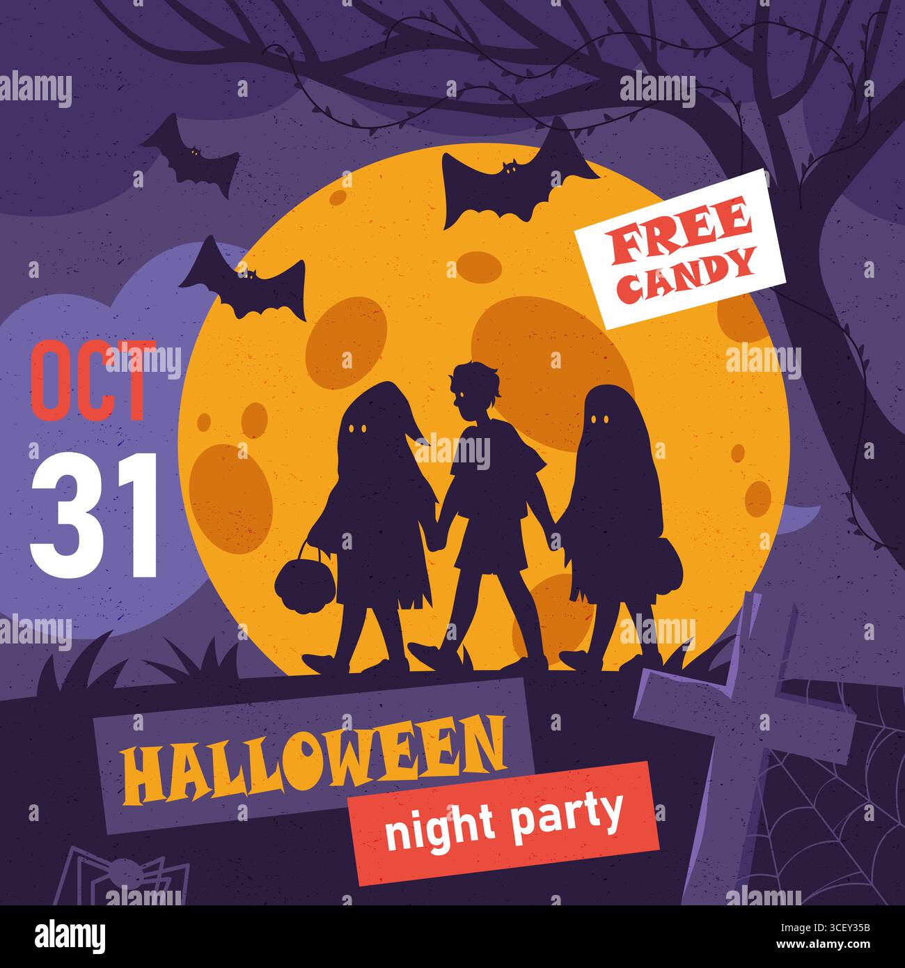 Affiche d'invitation de soirée pour Halloween. Bannière vectorielle pour l'annonce ou la célébration des vacances d'horreur d'automne. Flyer saisonnier effrayant et effrayant. Emballez ou traitez les enfants dans un costume effrayant Illustration de Vecteur